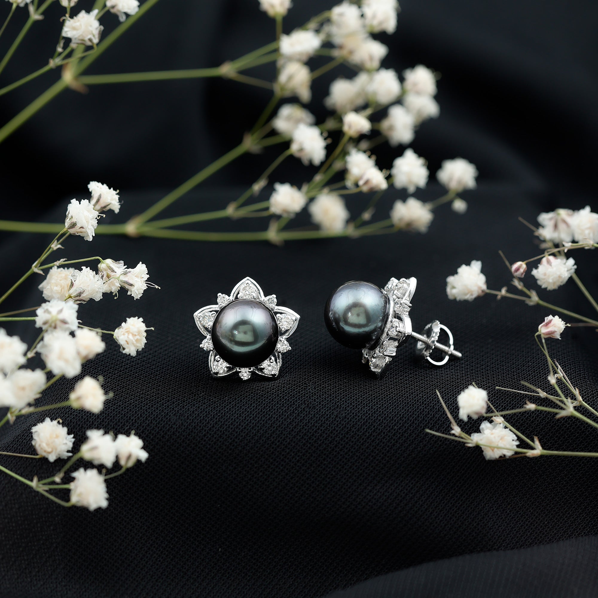 Genuine Tahitian Black Pearl and Diamond Flower Stud Earrings AAA - Rosec Jewels