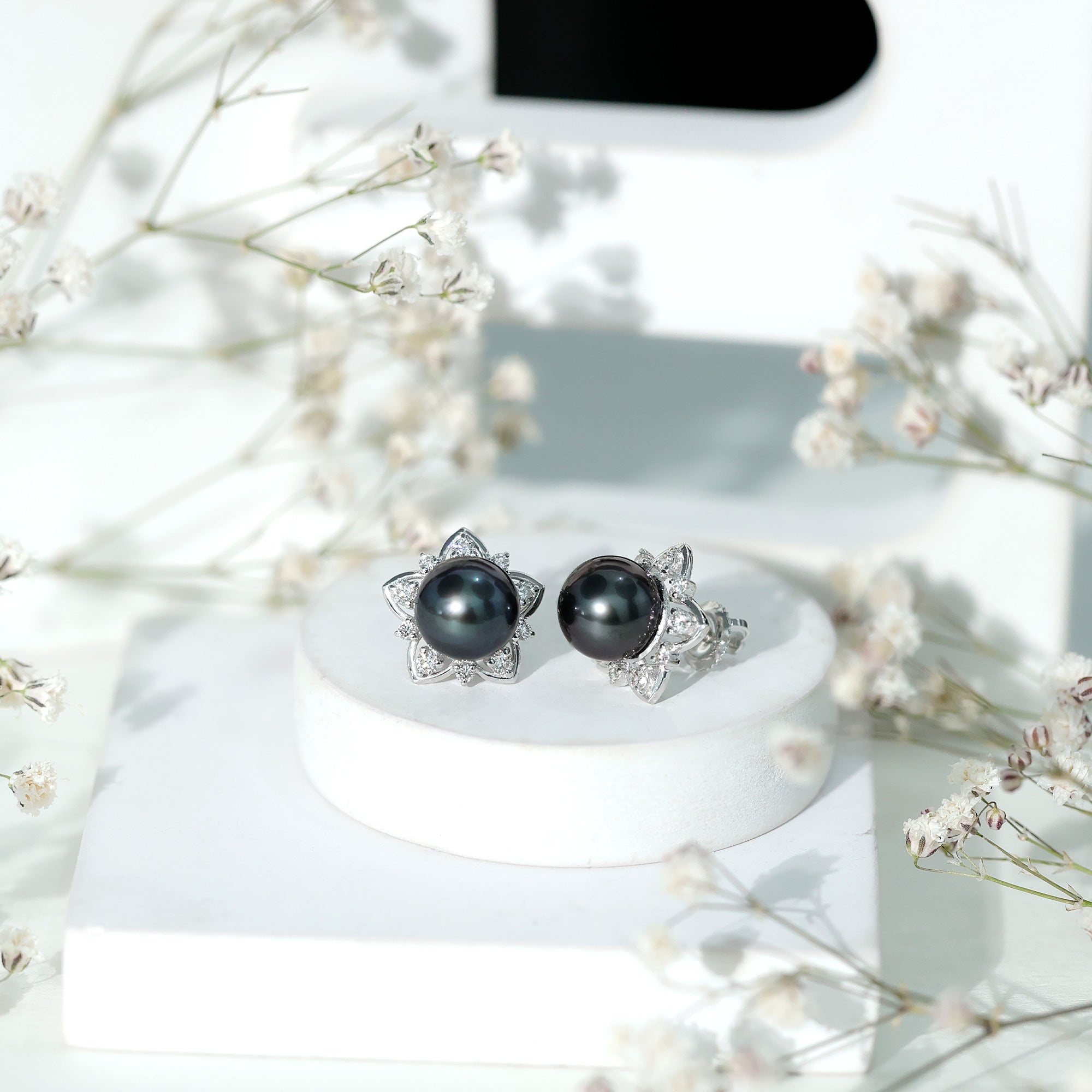 Genuine Tahitian Black Pearl and Diamond Flower Stud Earrings AAA - Rosec Jewels