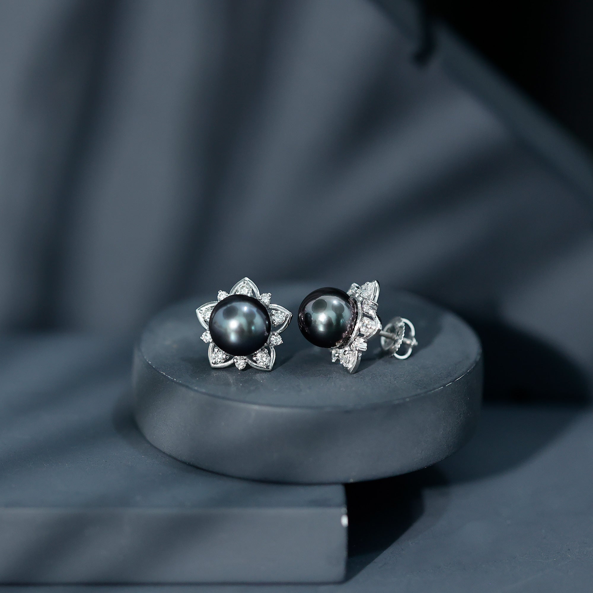 Genuine Tahitian Black Pearl and Diamond Flower Stud Earrings AAA - Rosec Jewels
