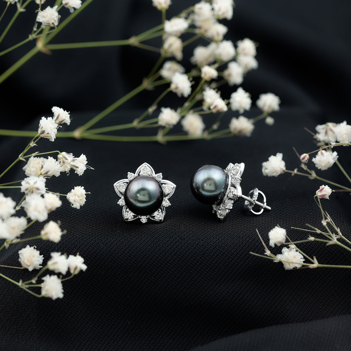 Genuine Tahitian Black Pearl and Diamond Flower Stud Earrings AAA - Rosec Jewels