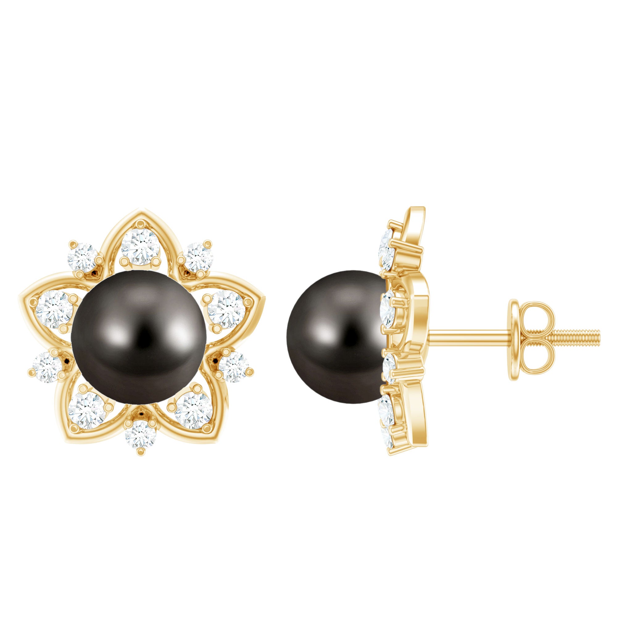 Genuine Tahitian Black Pearl and Diamond Flower Stud Earrings AAA - Rosec Jewels