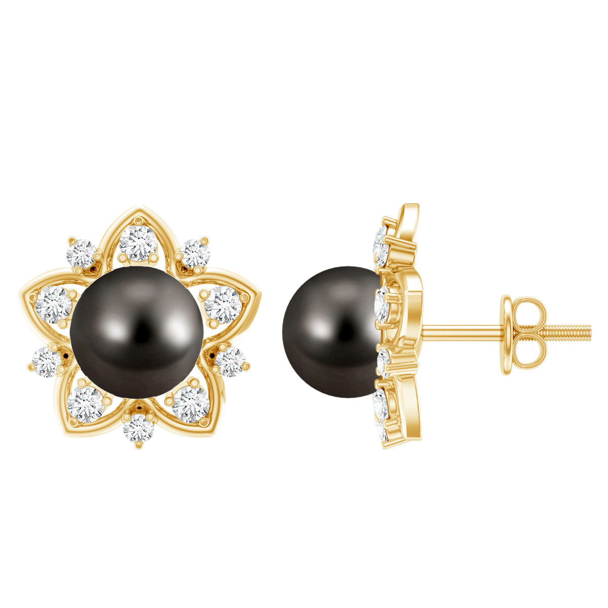 Genuine Tahitian Black Pearl and Diamond Flower Stud Earrings AAA - Rosec Jewels