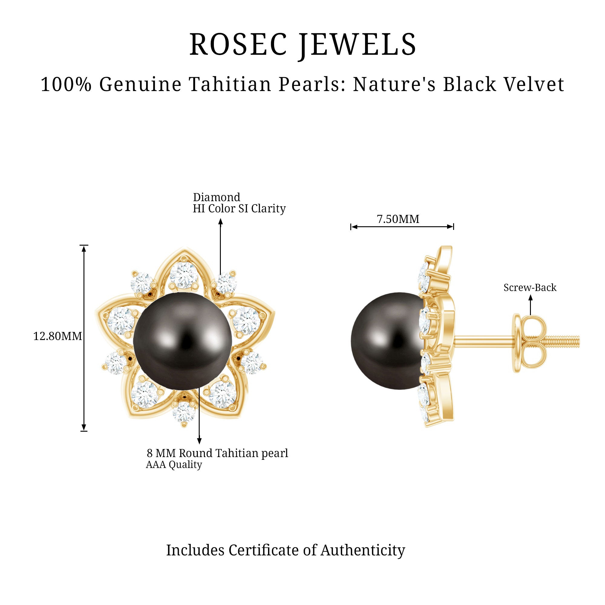 Genuine Tahitian Black Pearl and Diamond Flower Stud Earrings AAA - Rosec Jewels