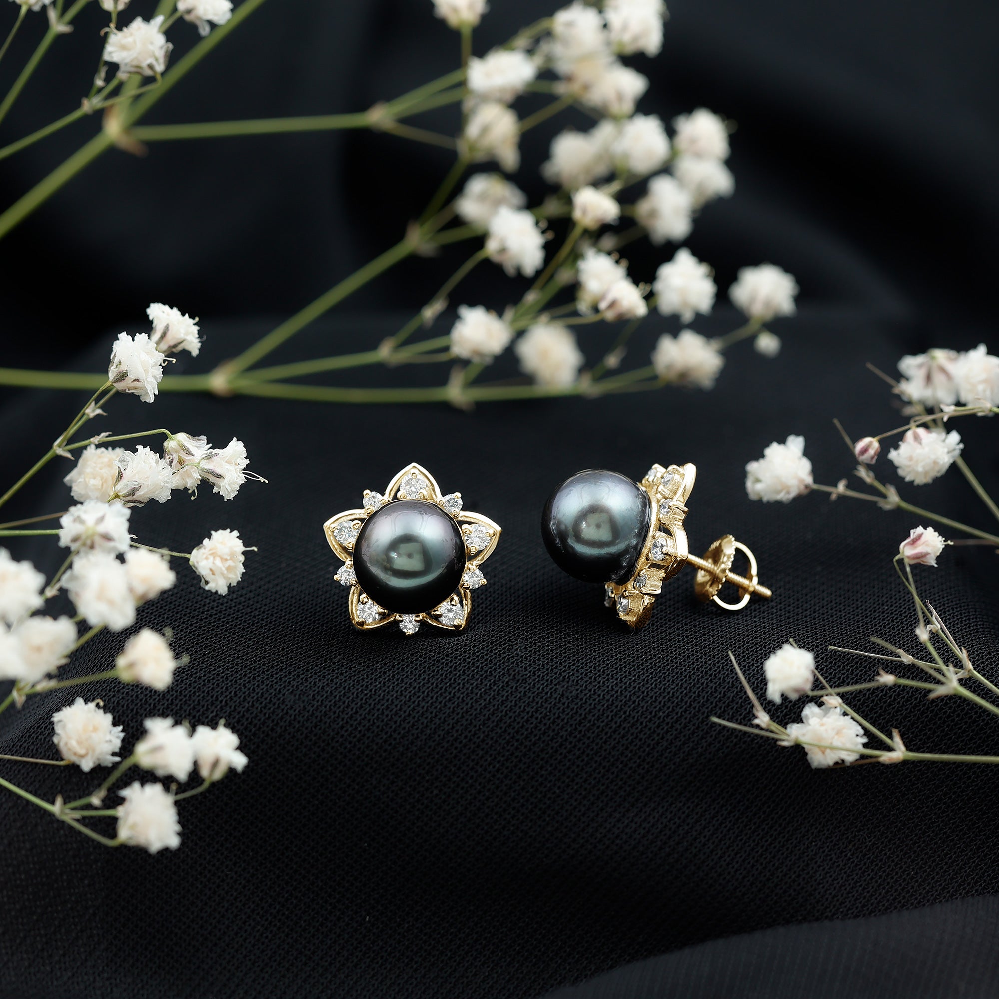 Genuine Tahitian Black Pearl and Diamond Flower Stud Earrings AAA - Rosec Jewels