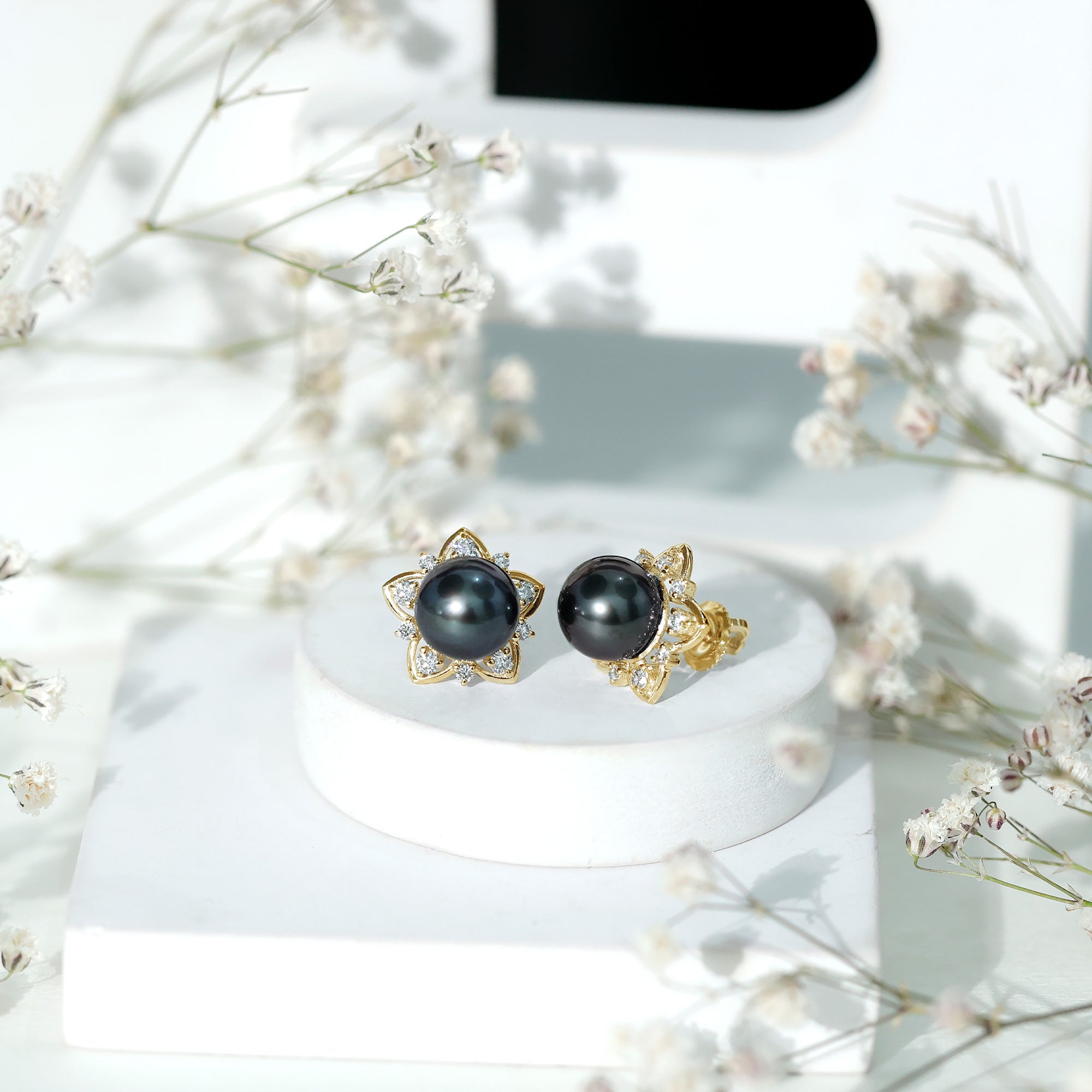 Genuine Tahitian Black Pearl and Diamond Flower Stud Earrings AAA - Rosec Jewels