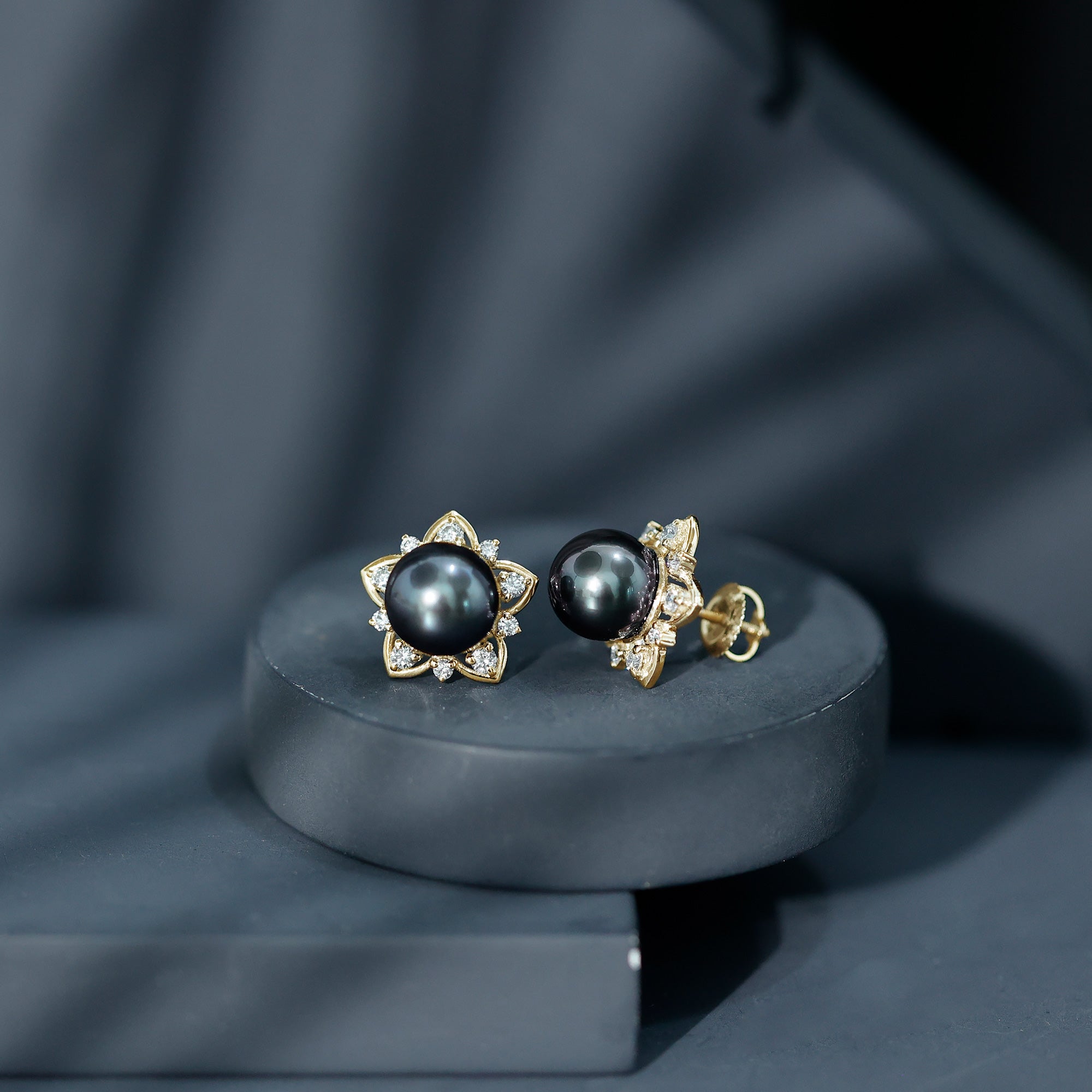 Genuine Tahitian Black Pearl and Diamond Flower Stud Earrings AAA - Rosec Jewels