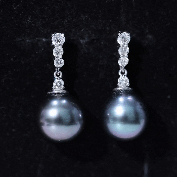 Certified Tahitian Black Pearl Drop Earrings with Diamonds AAA - Rosec Jewels