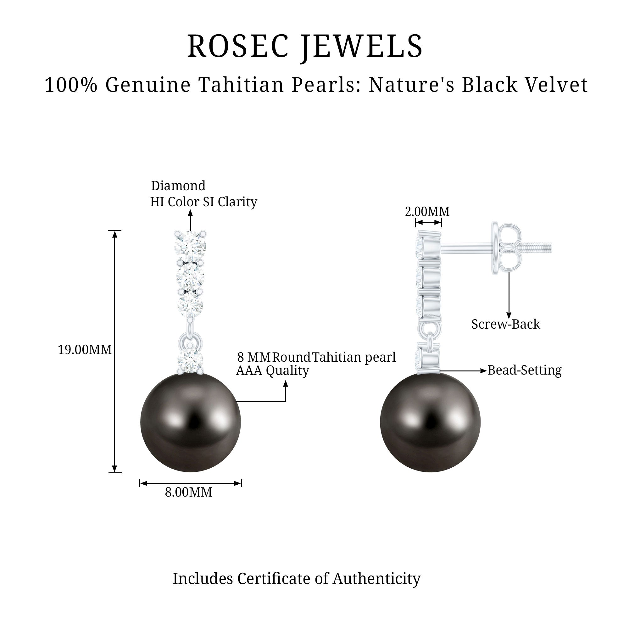 Certified Tahitian Black Pearl Drop Earrings with Diamonds AAA - Rosec Jewels