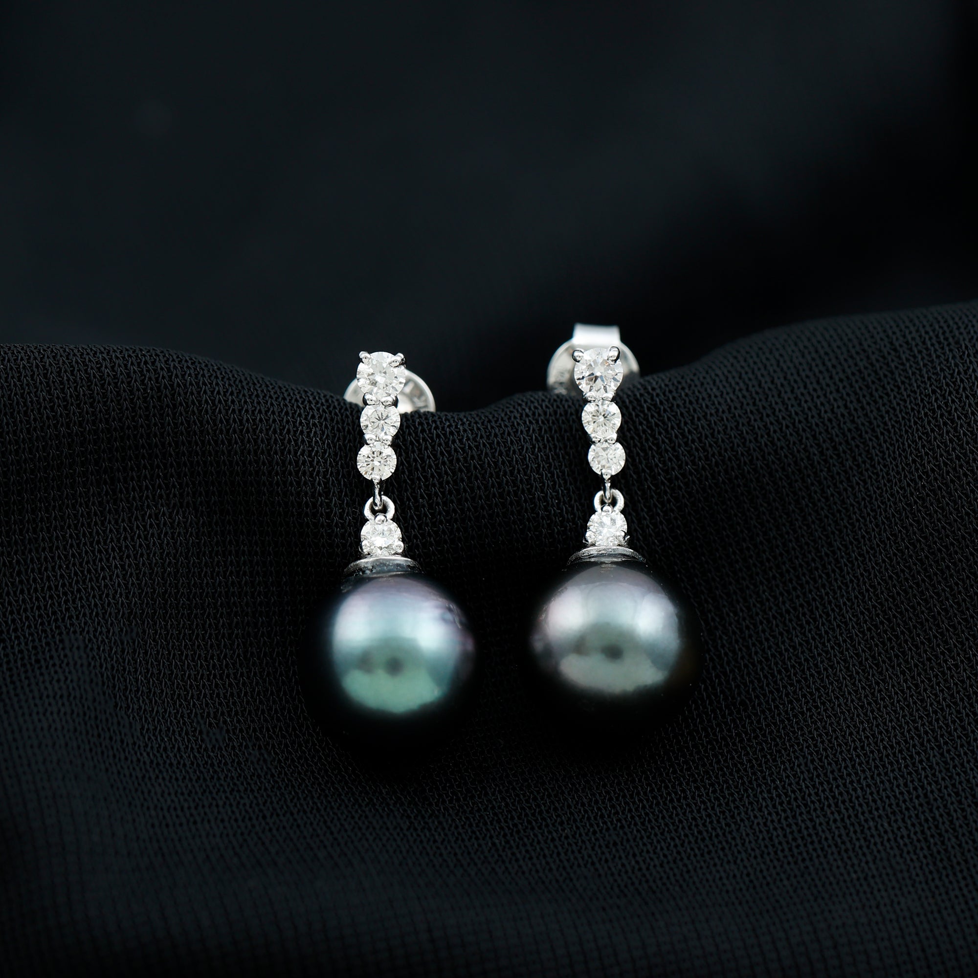 Certified Tahitian Black Pearl Drop Earrings with Diamonds AAA - Rosec Jewels