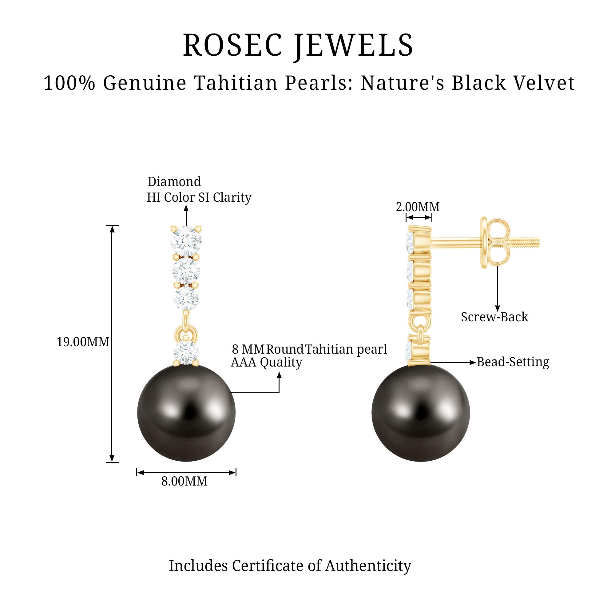 Certified Tahitian Black Pearl Drop Earrings with Diamonds AAA - Rosec Jewels