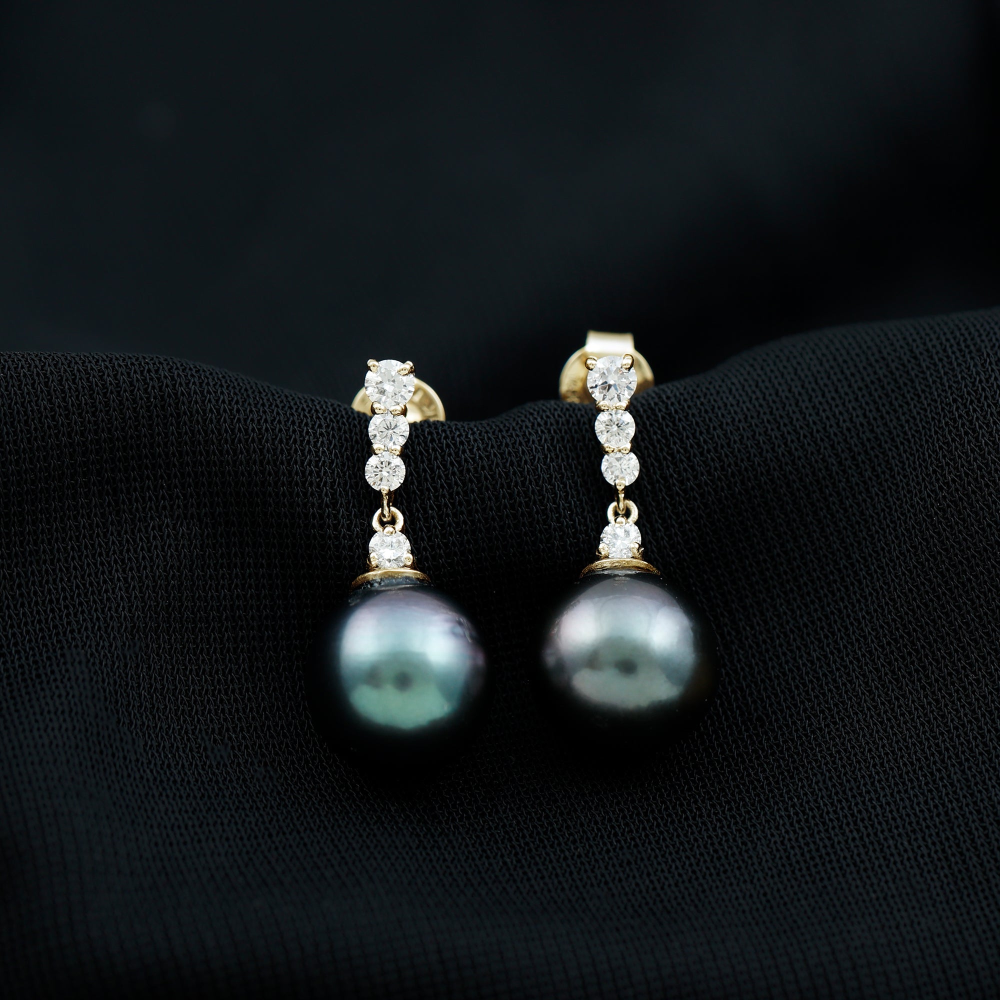 Certified Tahitian Black Pearl Drop Earrings with Diamonds AAA - Rosec Jewels