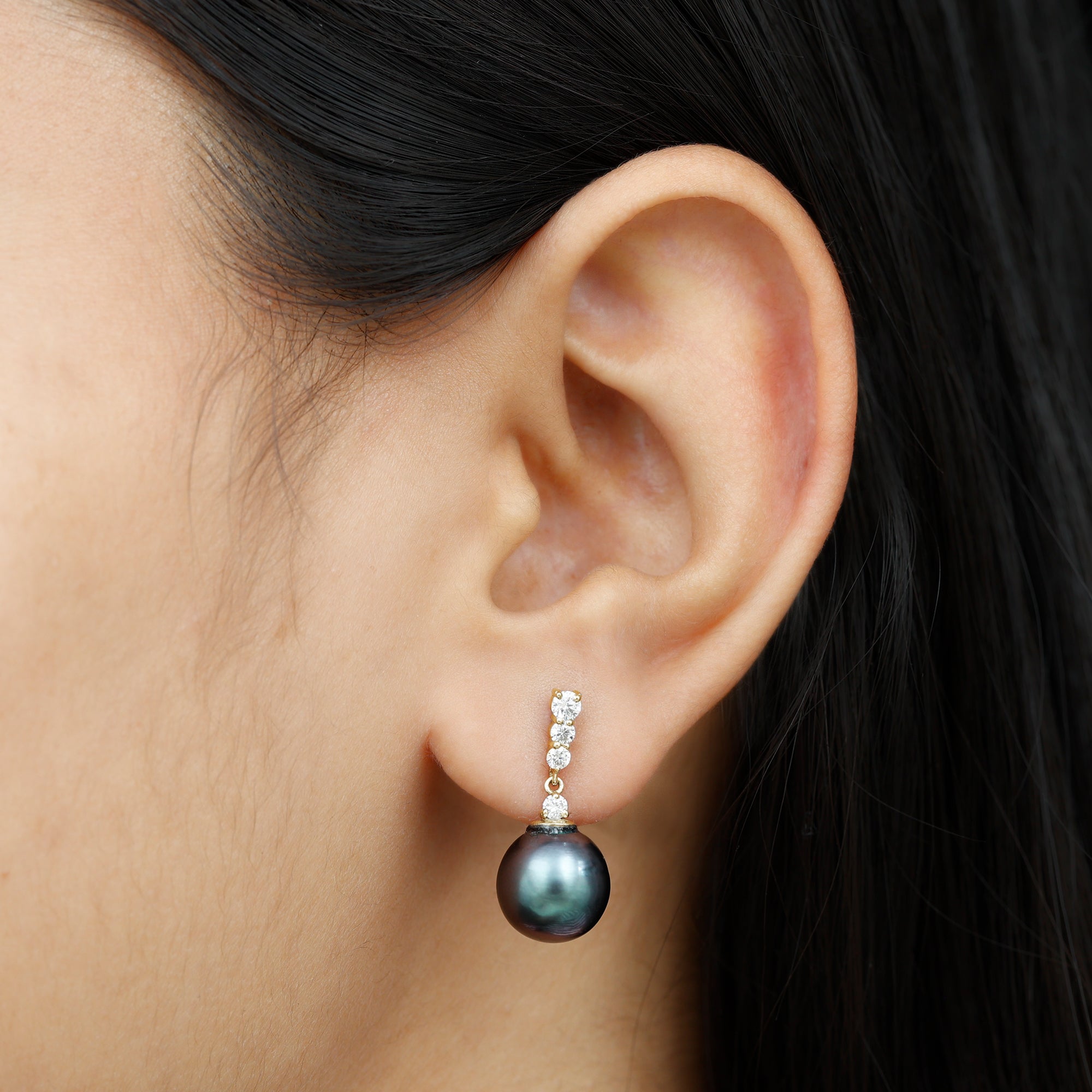 Certified Tahitian Black Pearl Drop Earrings with Diamonds AAA - Rosec Jewels