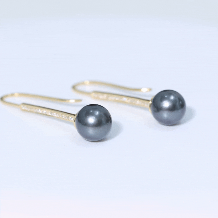 Genuine 16 CT Tahitian Black Pearl and Diamond Dangle Drop Earrings AAA - Rosec Jewels