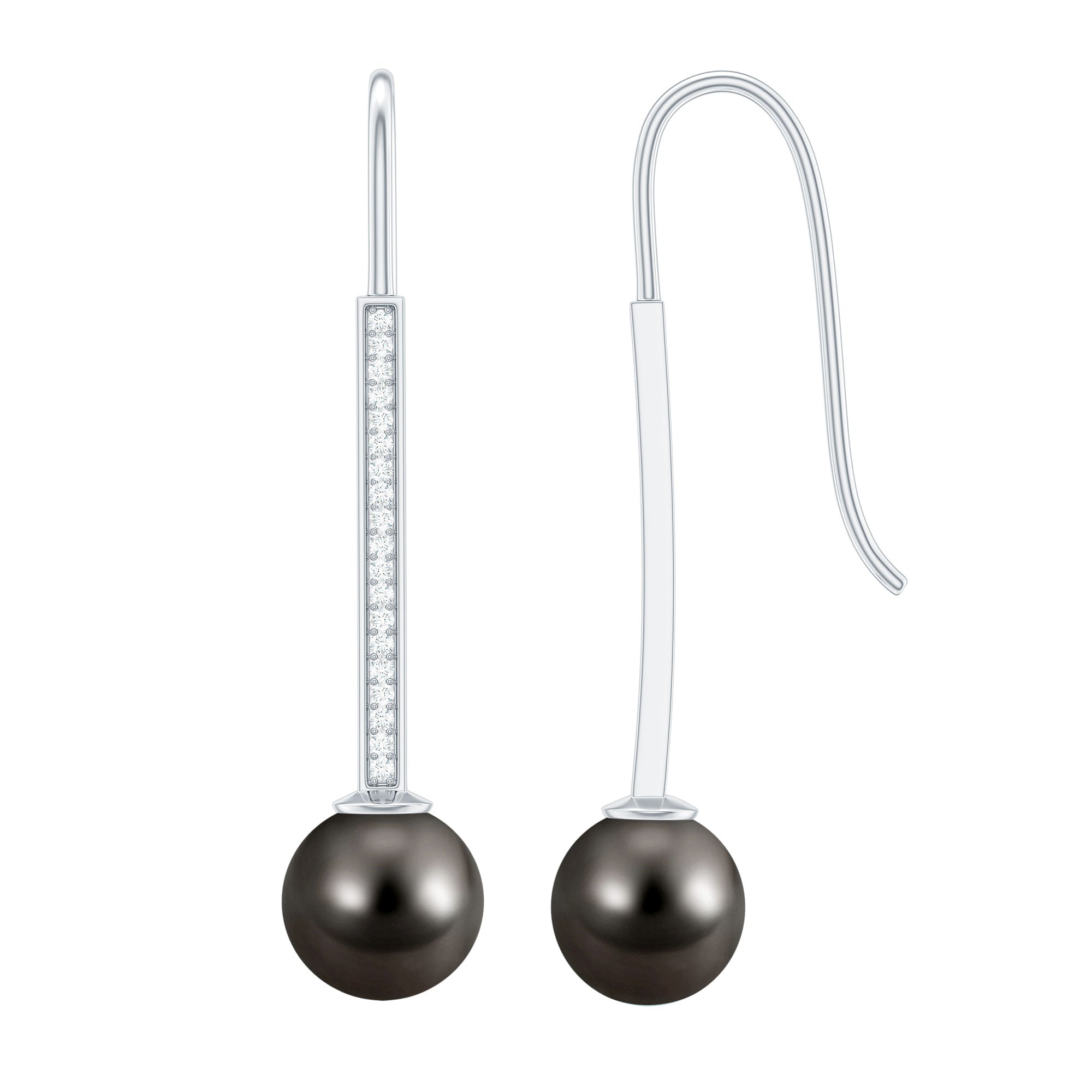 Genuine 16 CT Tahitian Black Pearl and Diamond Dangle Drop Earrings AAA - Rosec Jewels