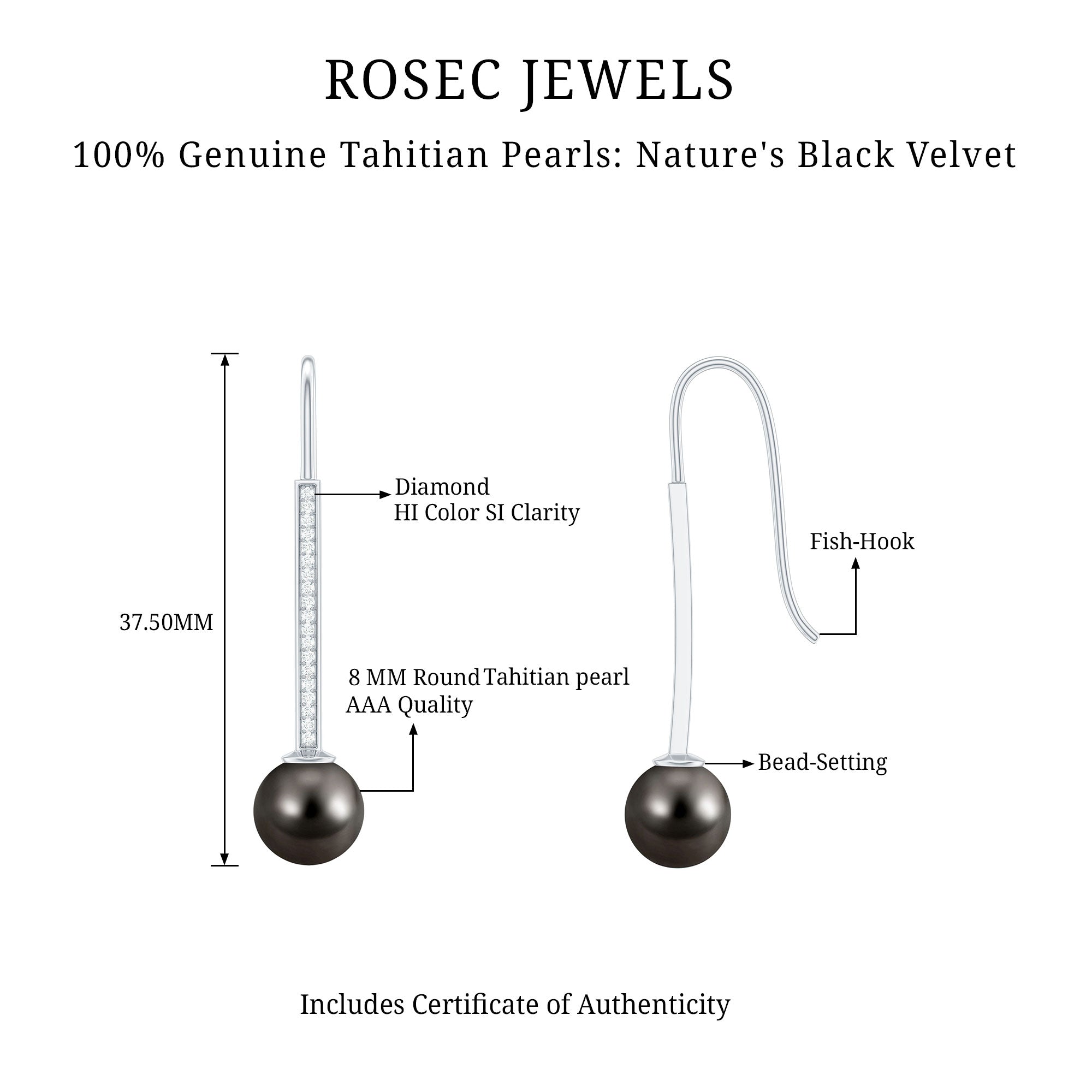 Genuine 16 CT Tahitian Black Pearl and Diamond Dangle Drop Earrings AAA - Rosec Jewels
