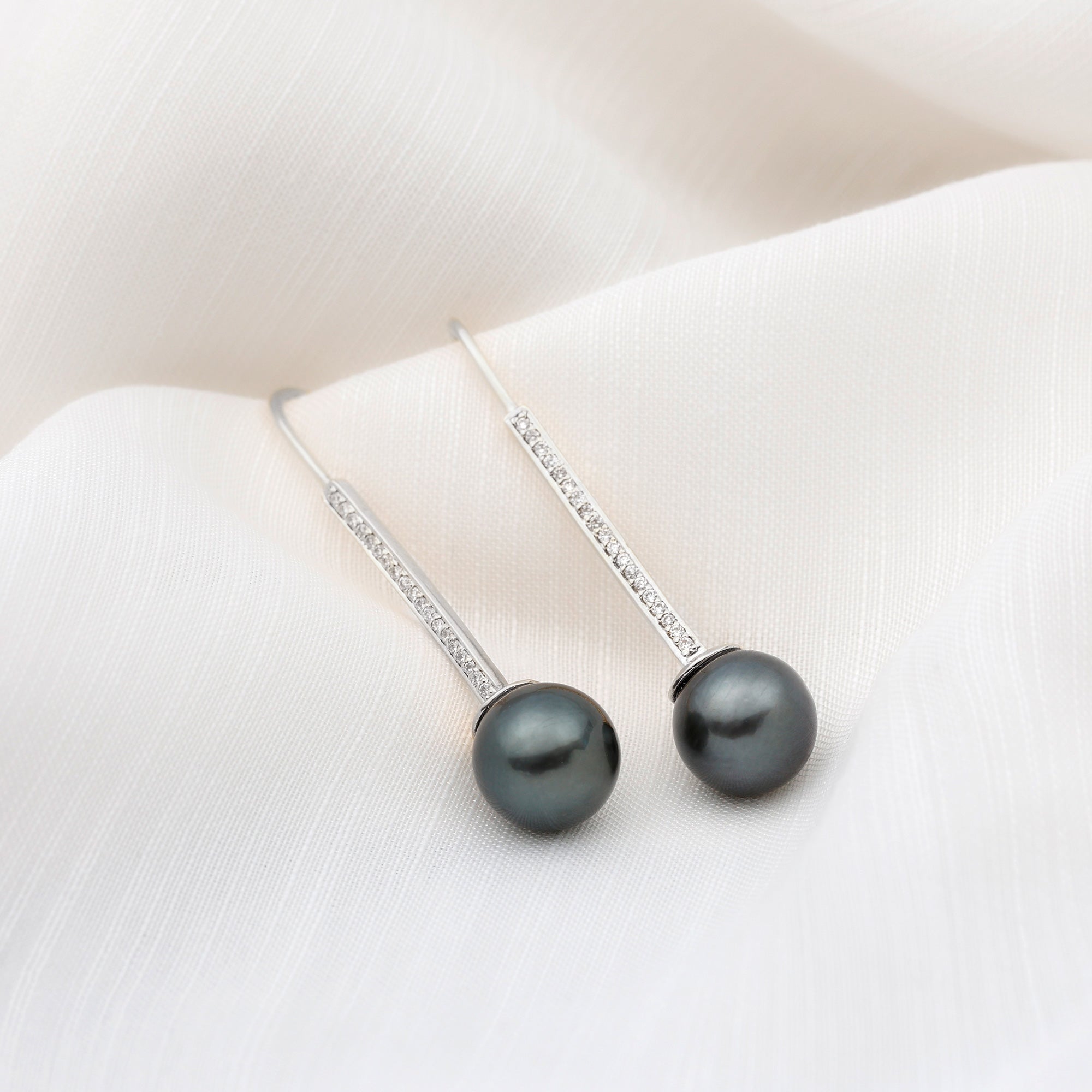 Genuine 16 CT Tahitian Black Pearl and Diamond Dangle Drop Earrings AAA - Rosec Jewels