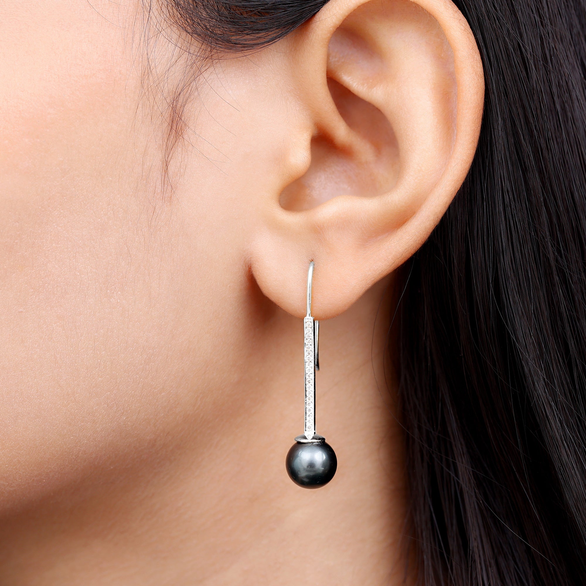Genuine 16 CT Tahitian Black Pearl and Diamond Dangle Drop Earrings AAA - Rosec Jewels