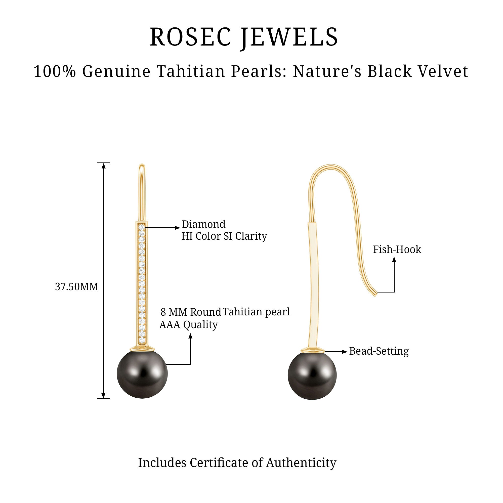 Genuine 16 CT Tahitian Black Pearl and Diamond Dangle Drop Earrings AAA - Rosec Jewels