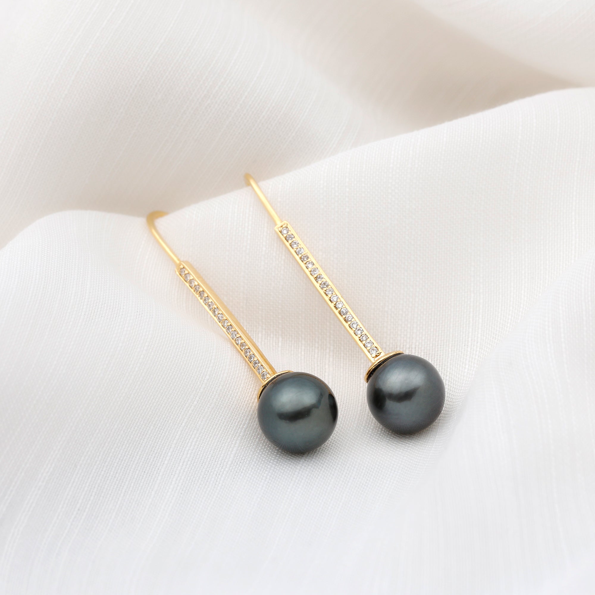 Genuine 16 CT Tahitian Black Pearl and Diamond Dangle Drop Earrings AAA - Rosec Jewels