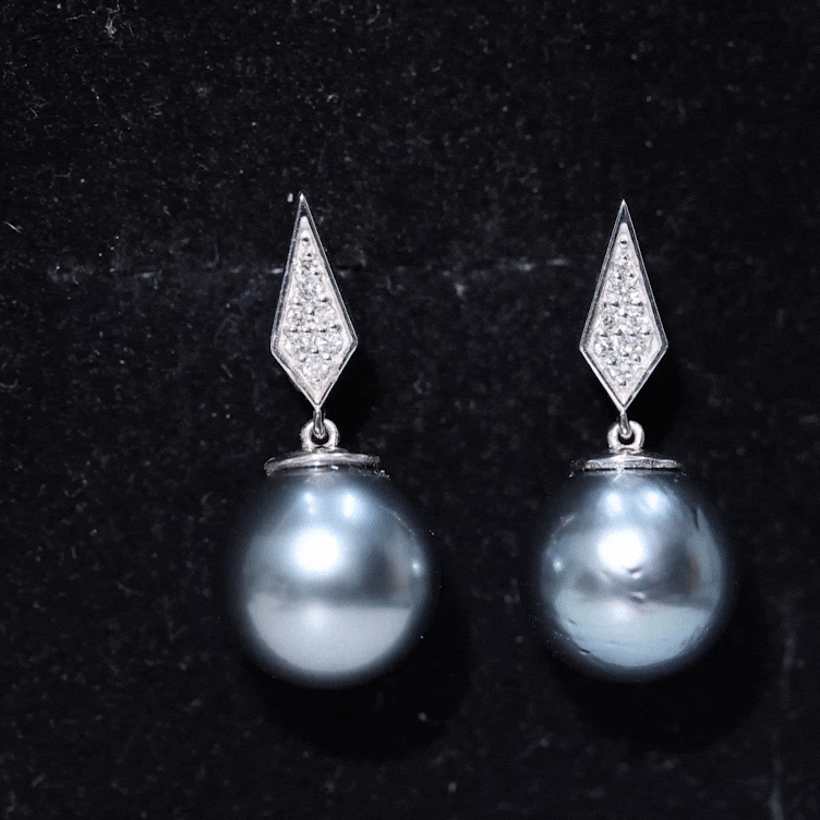 Art Deco Inspired Tahitian Pearl and Diamond Drop Earrings AAA - Rosec Jewels