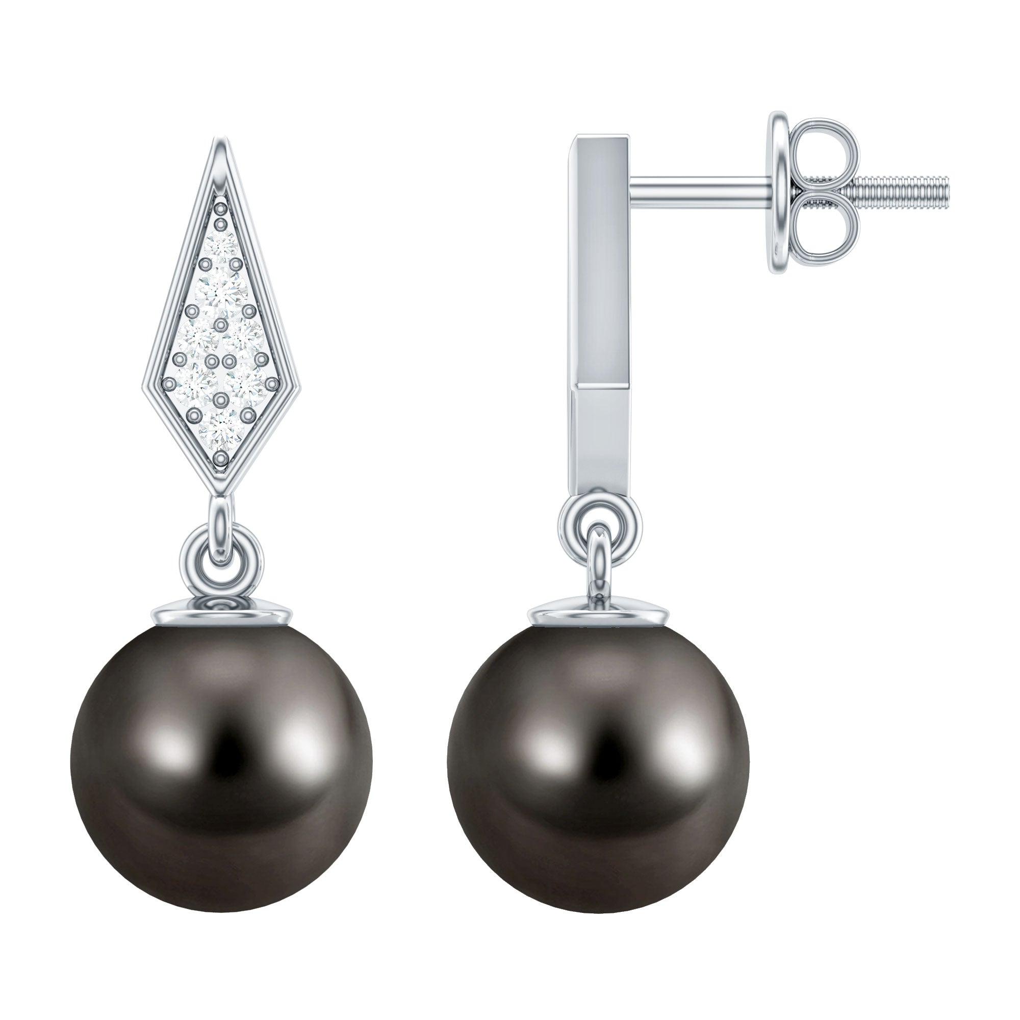Art Deco Inspired Tahitian Pearl and Diamond Drop Earrings AAA - Rosec Jewels