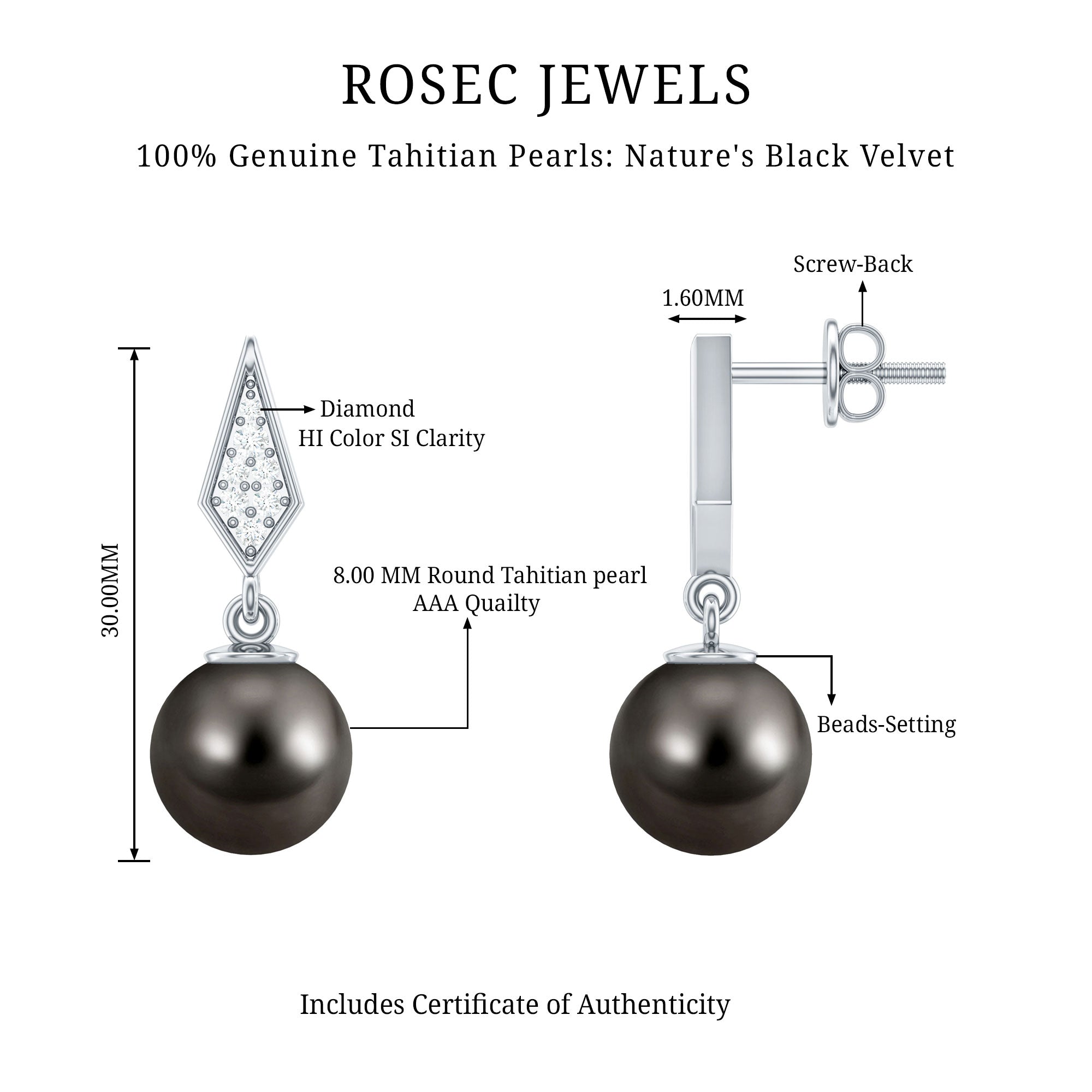 Art Deco Inspired Tahitian Pearl and Diamond Drop Earrings AAA - Rosec Jewels