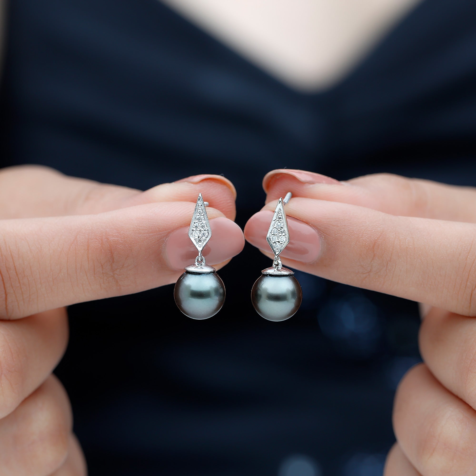 Art Deco Inspired Tahitian Pearl and Diamond Drop Earrings AAA - Rosec Jewels