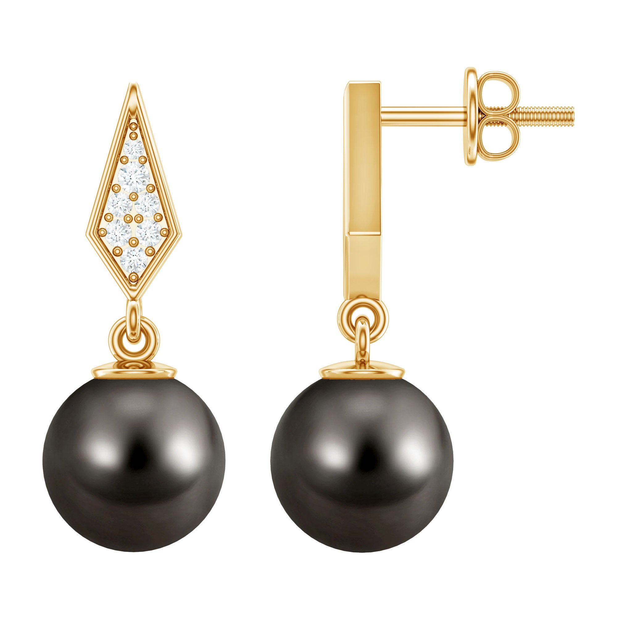 Art Deco Inspired Tahitian Pearl and Diamond Drop Earrings AAA - Rosec Jewels