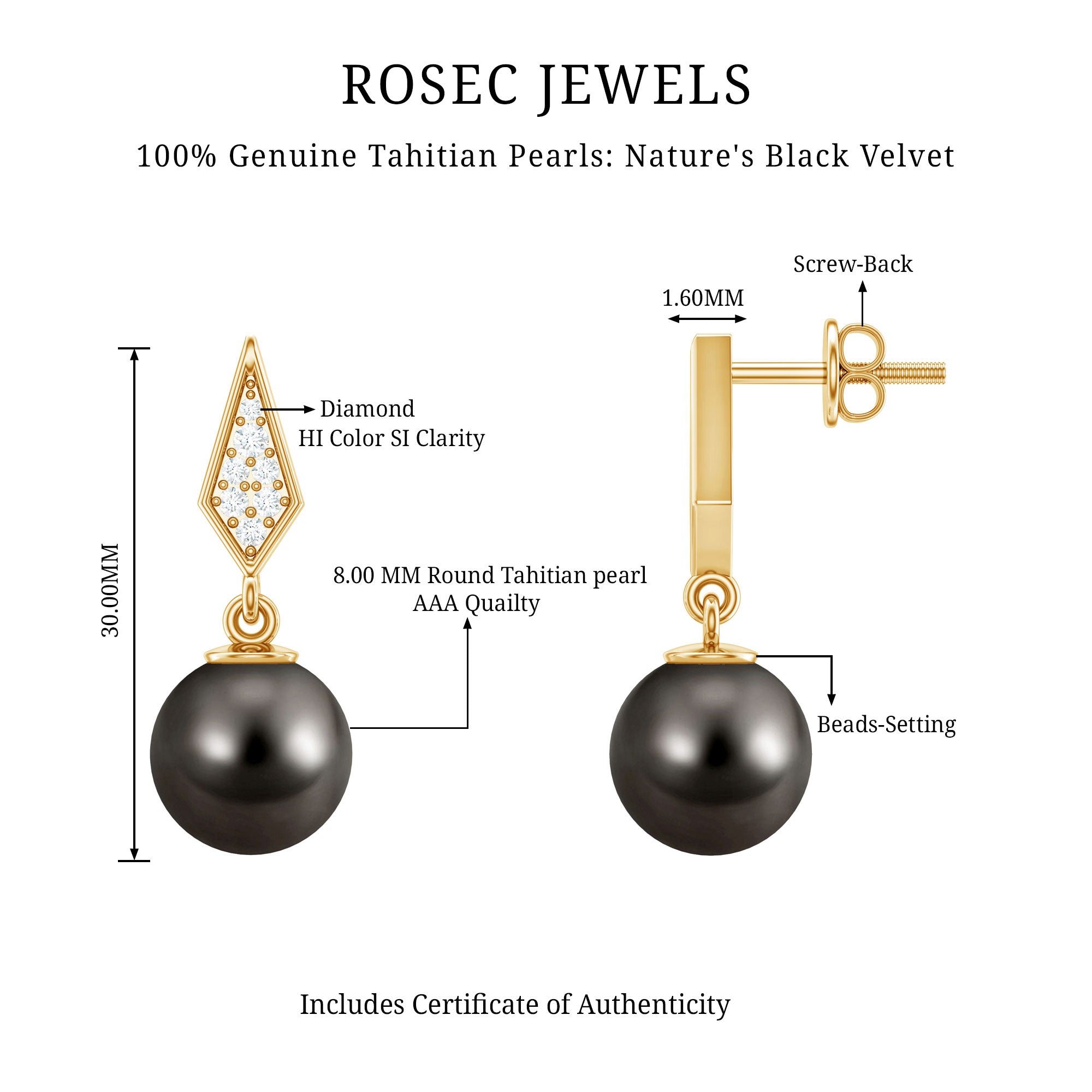 Art Deco Inspired Tahitian Pearl and Diamond Drop Earrings AAA - Rosec Jewels