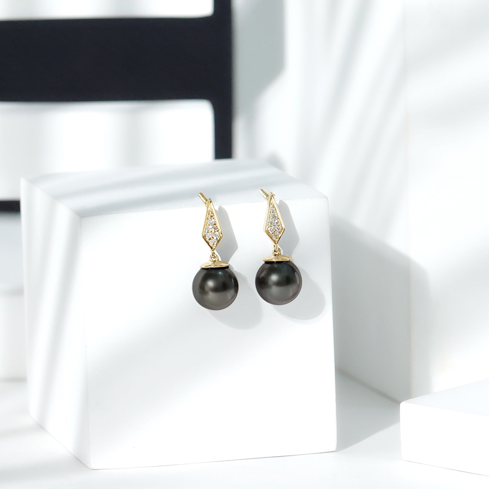 Art Deco Inspired Tahitian Pearl and Diamond Drop Earrings AAA - Rosec Jewels