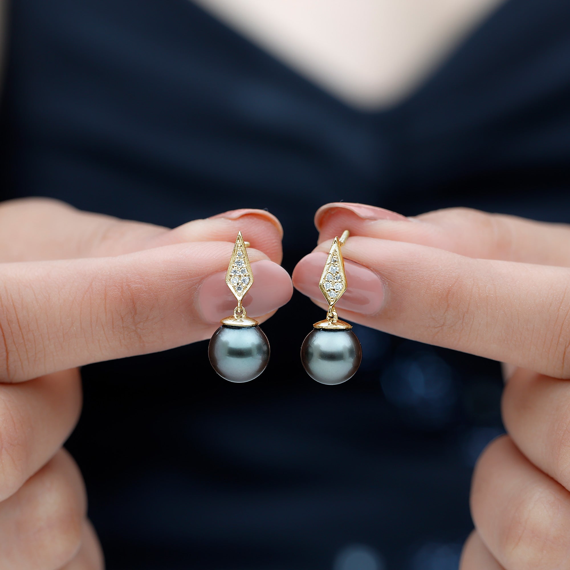 Art Deco Inspired Tahitian Pearl and Diamond Drop Earrings AAA - Rosec Jewels