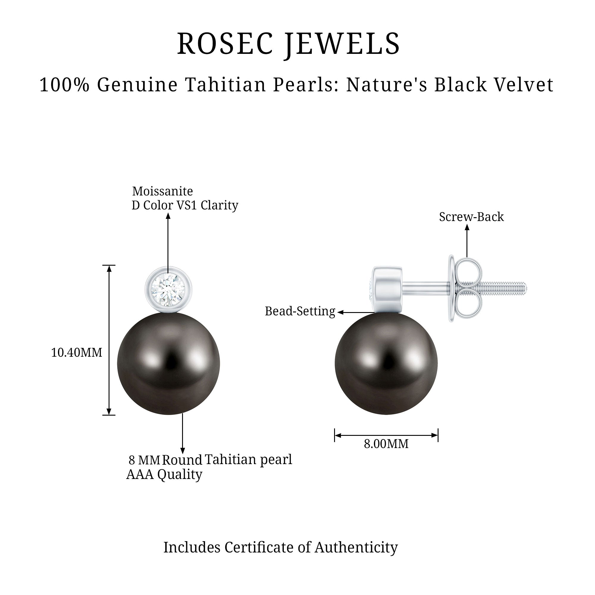 Genuine Tahitian Black Pearl Stud Earrings For Women AAA - Rosec Jewels