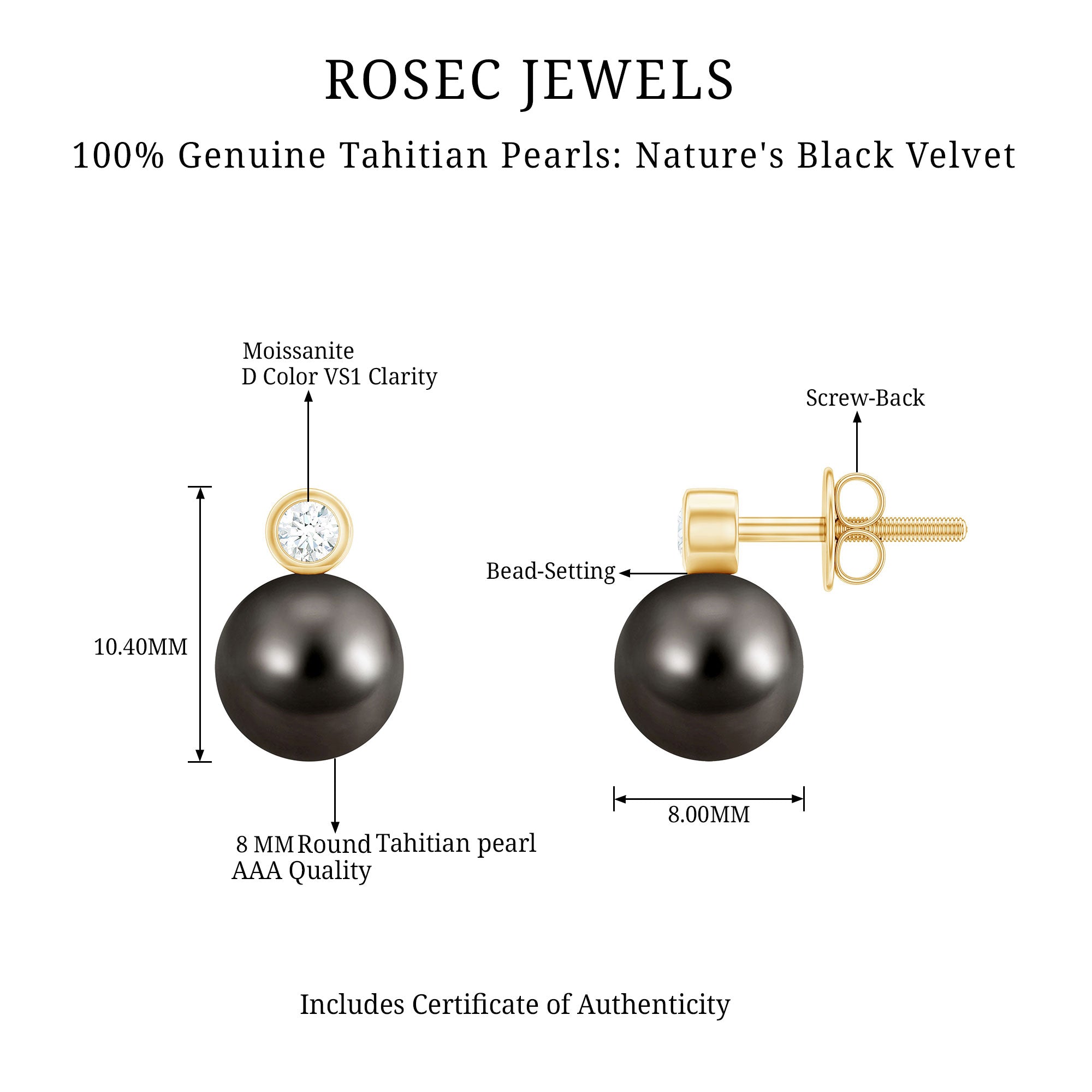 Genuine Tahitian Black Pearl Stud Earrings For Women AAA - Rosec Jewels