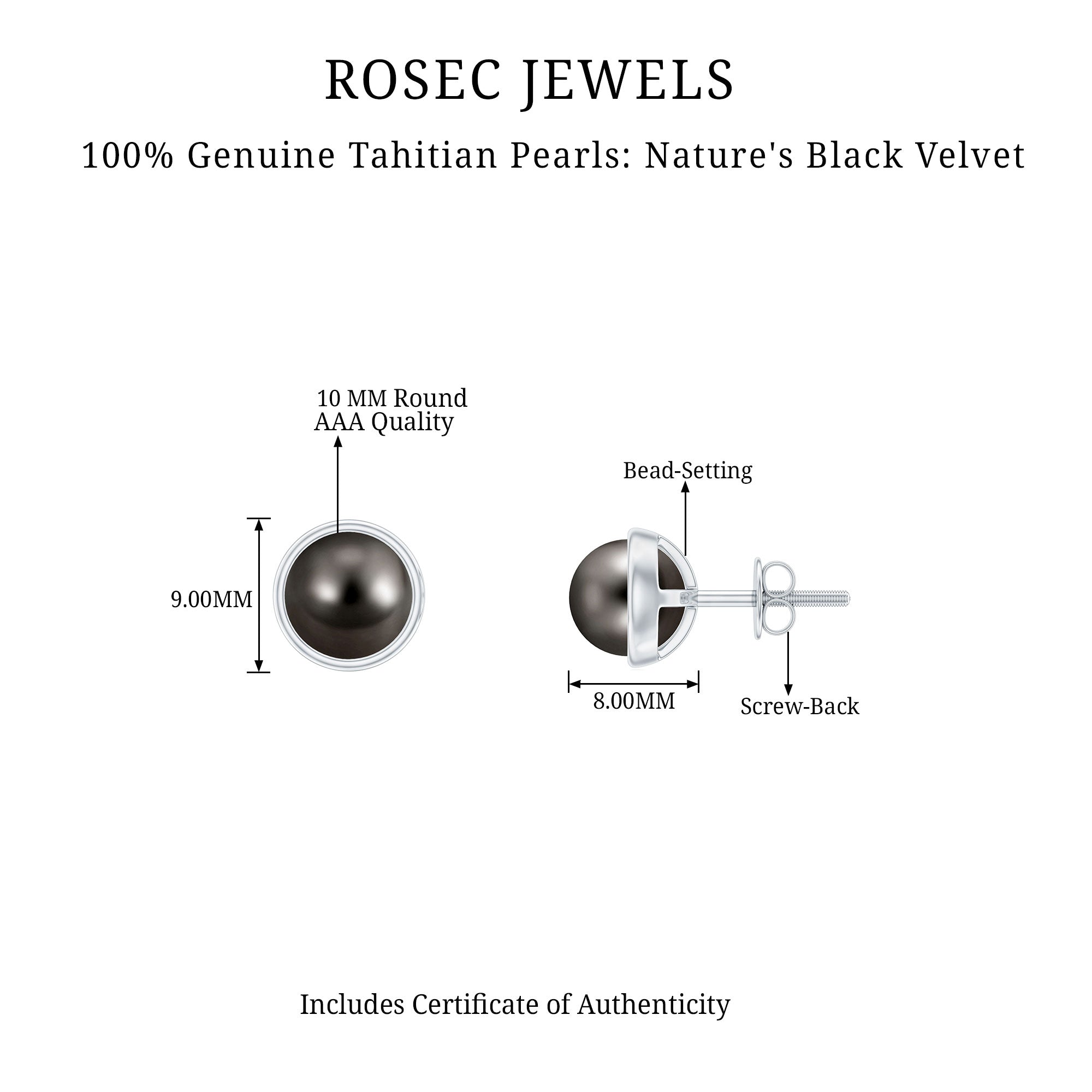 Genuine 10MM Tahitian Black Pearl Stud Earring With Certificate AAA - Rosec Jewels