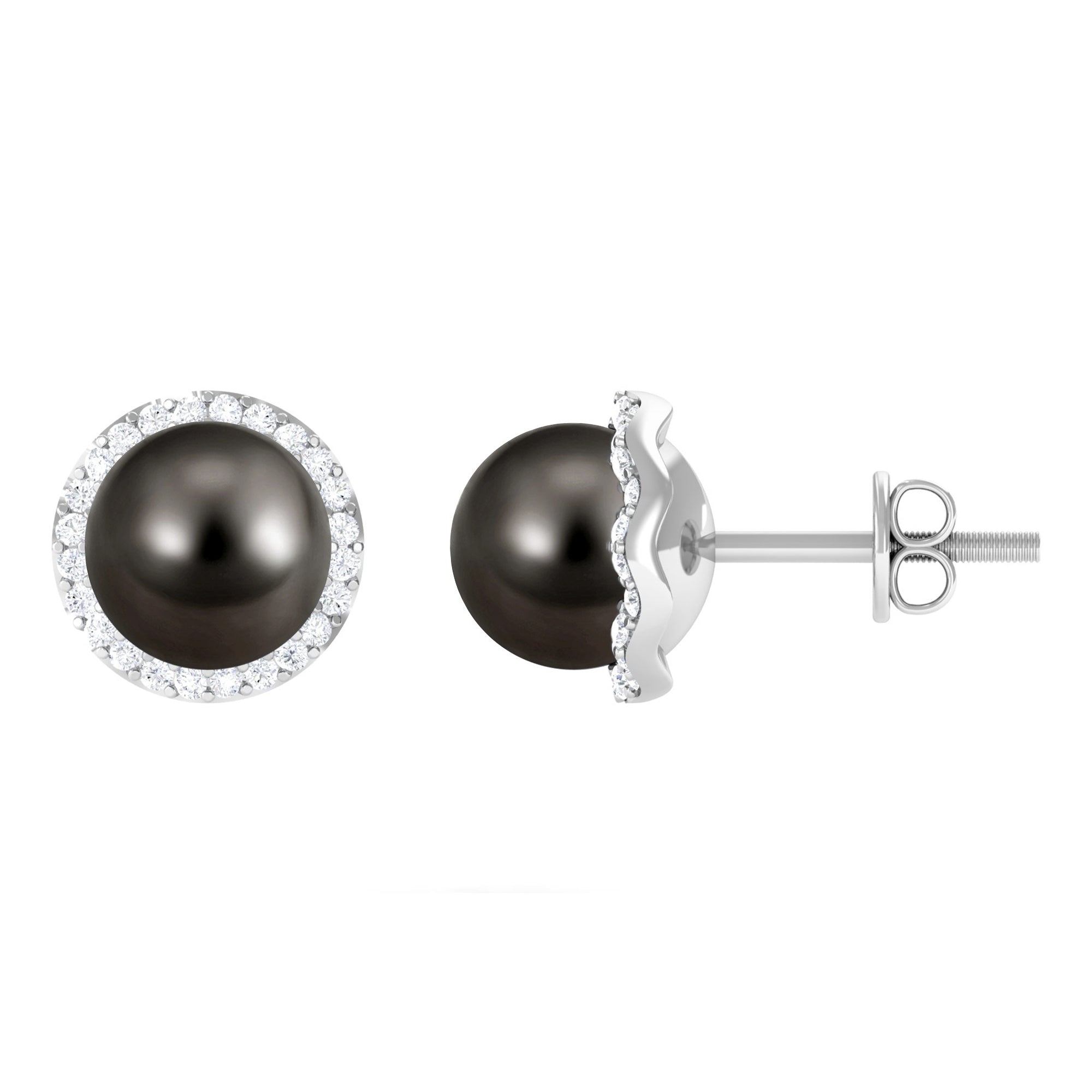 16 CT Black Pearl and Diamond Halo Stud Earrings AAA - Rosec Jewels