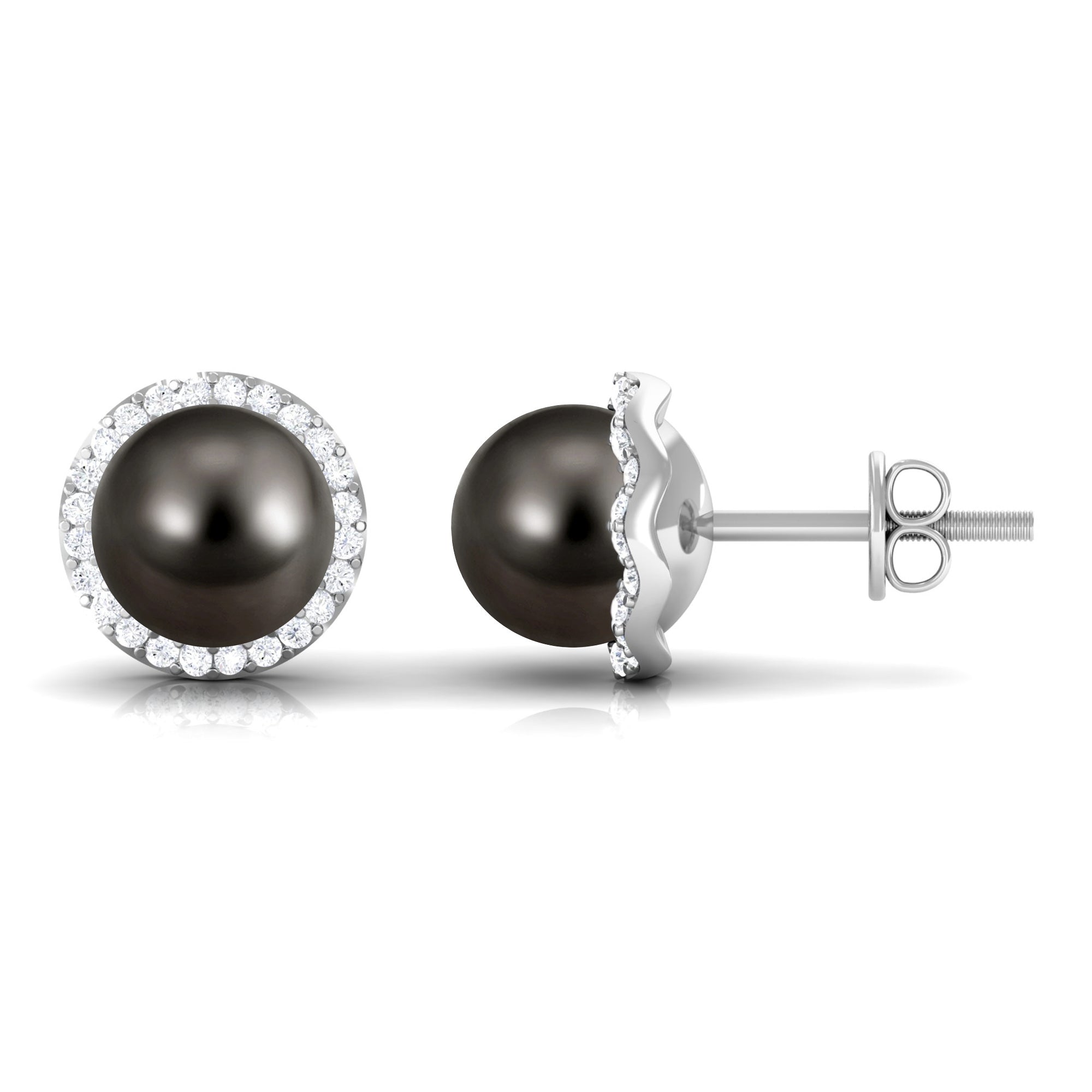 16 CT Black Pearl and Diamond Halo Stud Earrings AAA - Rosec Jewels