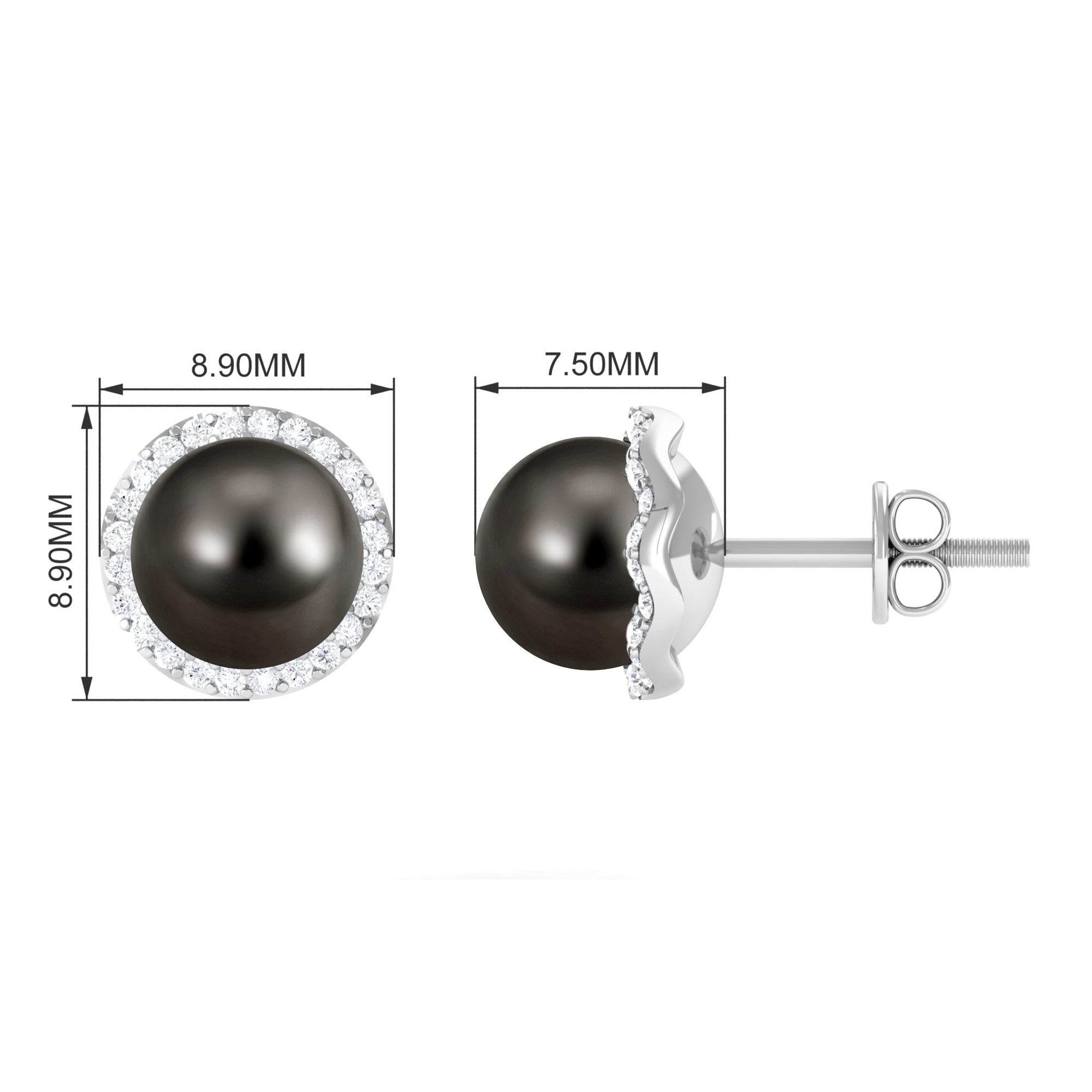 16 CT Black Pearl and Diamond Halo Stud Earrings AAA - Rosec Jewels