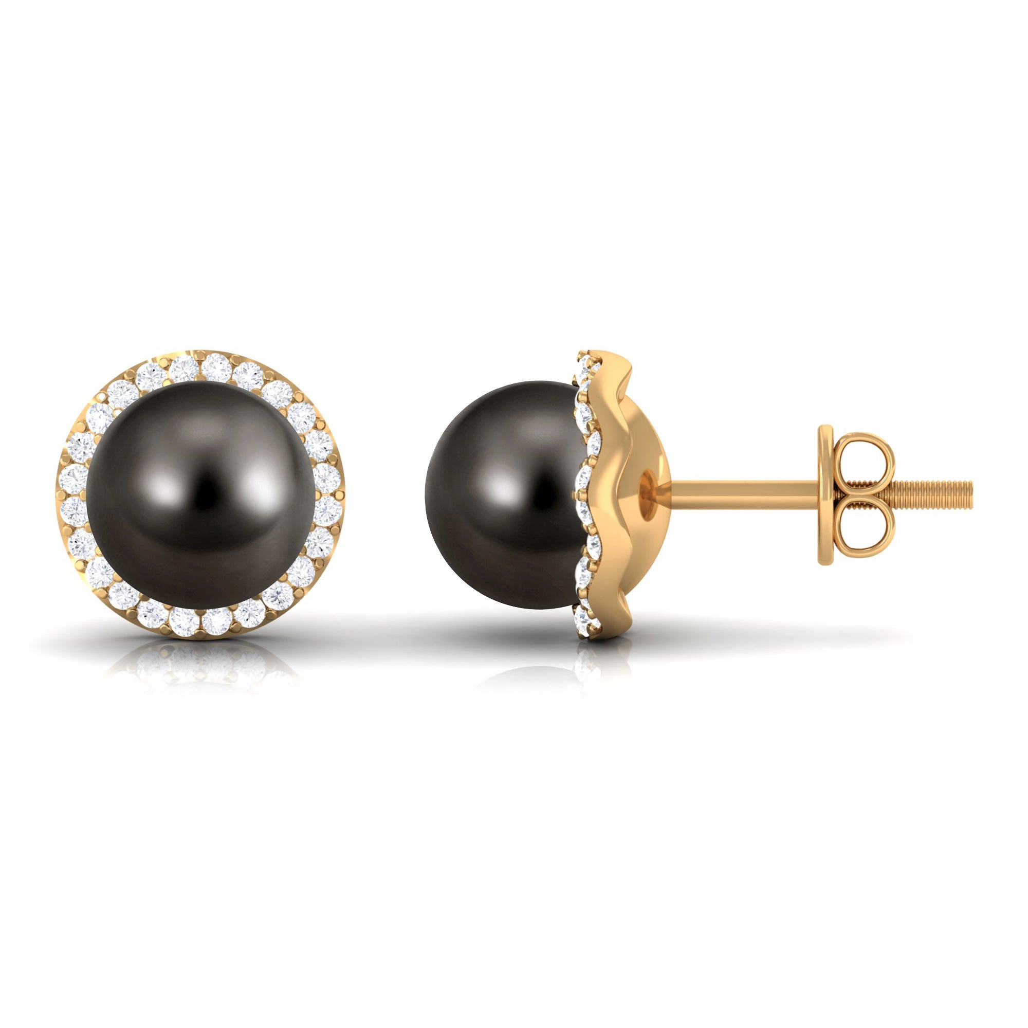 16 CT Black Pearl and Diamond Halo Stud Earrings AAA - Rosec Jewels