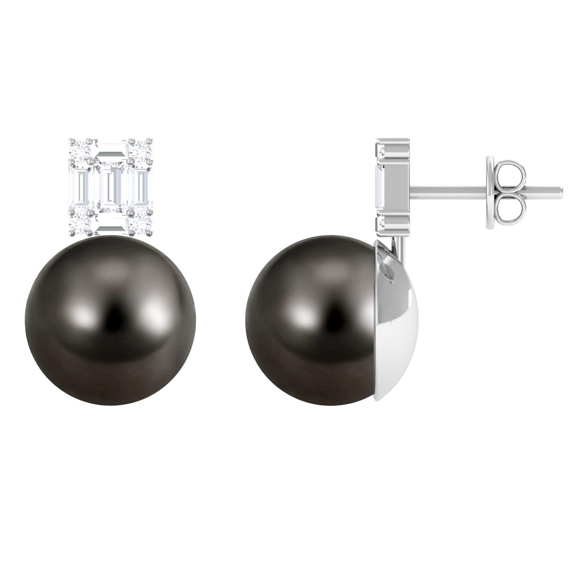 15 Carat Tahitian Black Pearl Stud Earrings with Diamonds AAA - Rosec Jewels