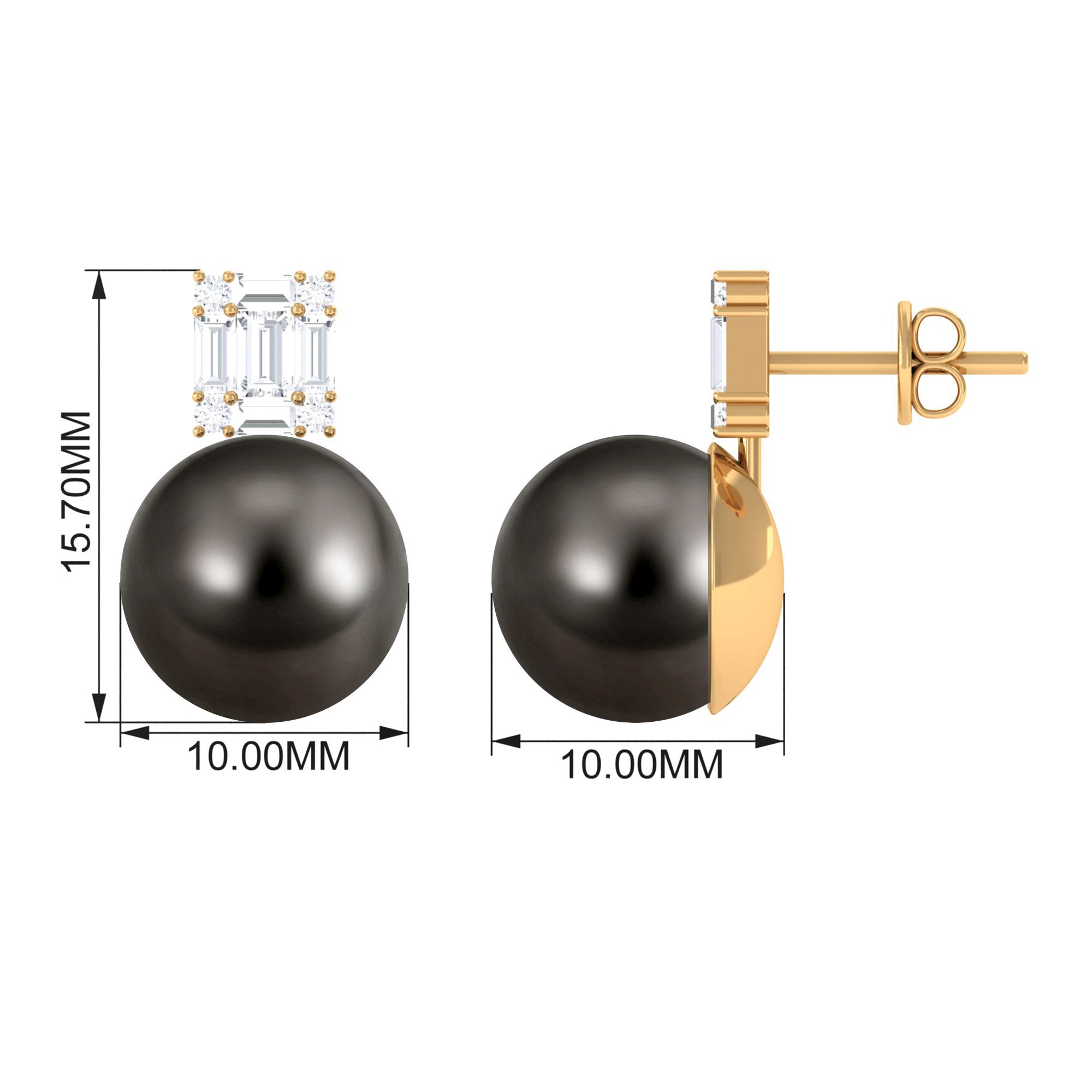 15 Carat Tahitian Black Pearl Stud Earrings with Diamonds AAA - Rosec Jewels