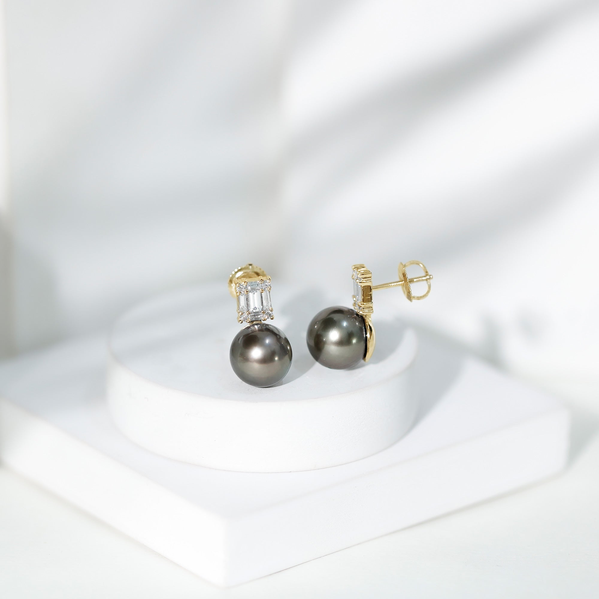 15 Carat Tahitian Black Pearl Stud Earrings with Diamonds AAA - Rosec Jewels