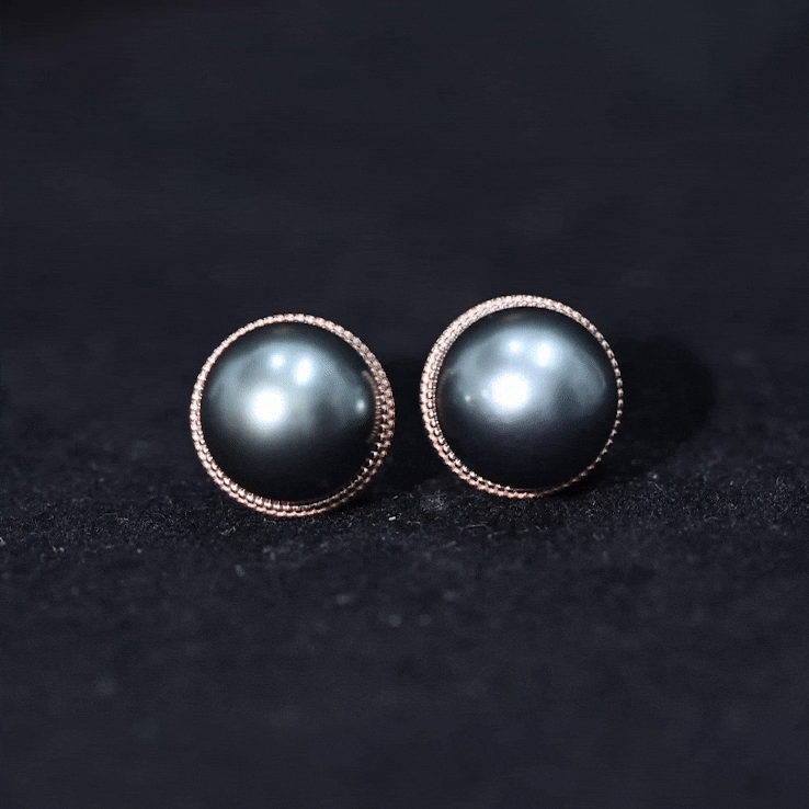8MM Tahitian Black Pearl Solitaire Stud Earrings with Beaded Detail AAA - Rosec Jewels