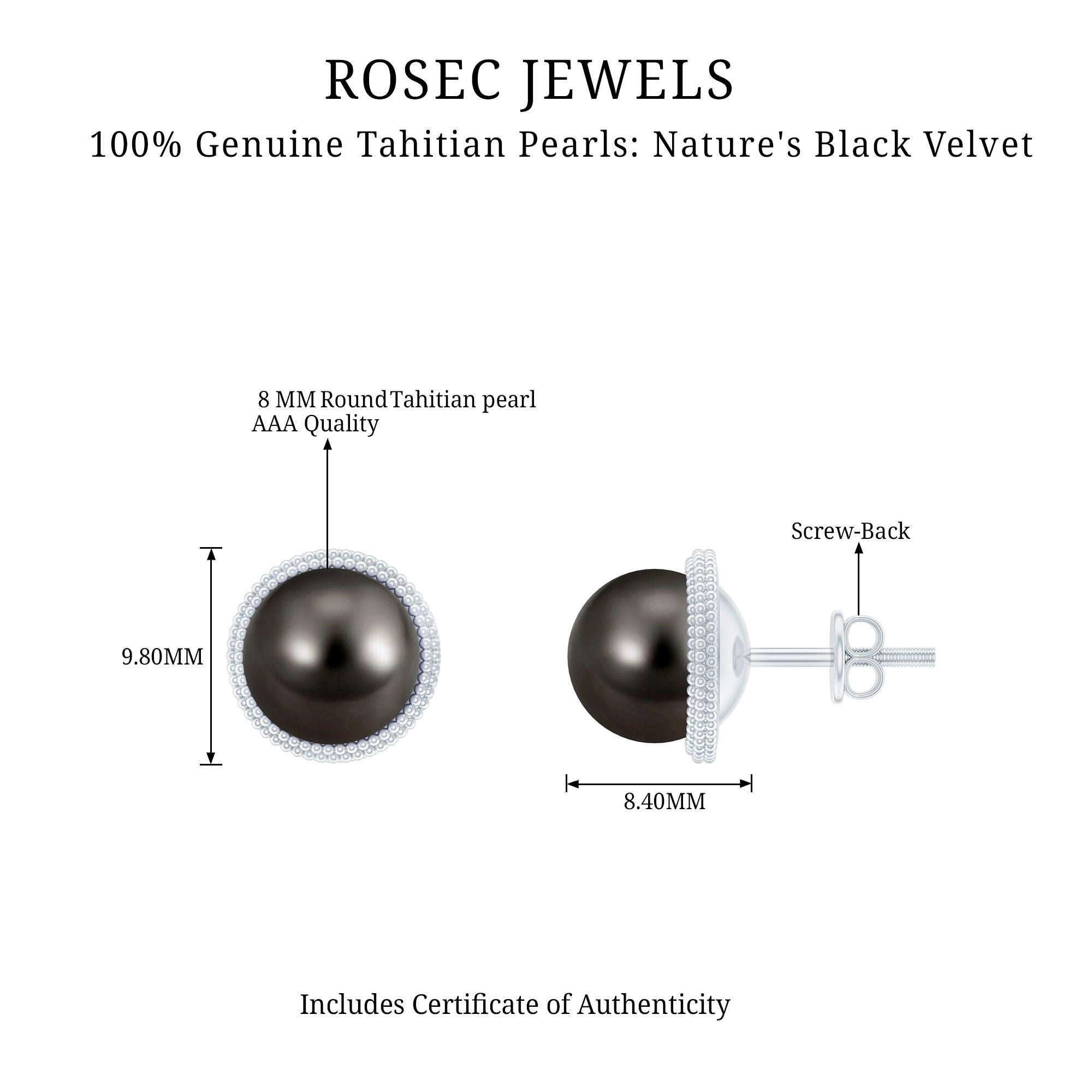 8MM Tahitian Black Pearl Solitaire Stud Earrings with Beaded Detail AAA - Rosec Jewels