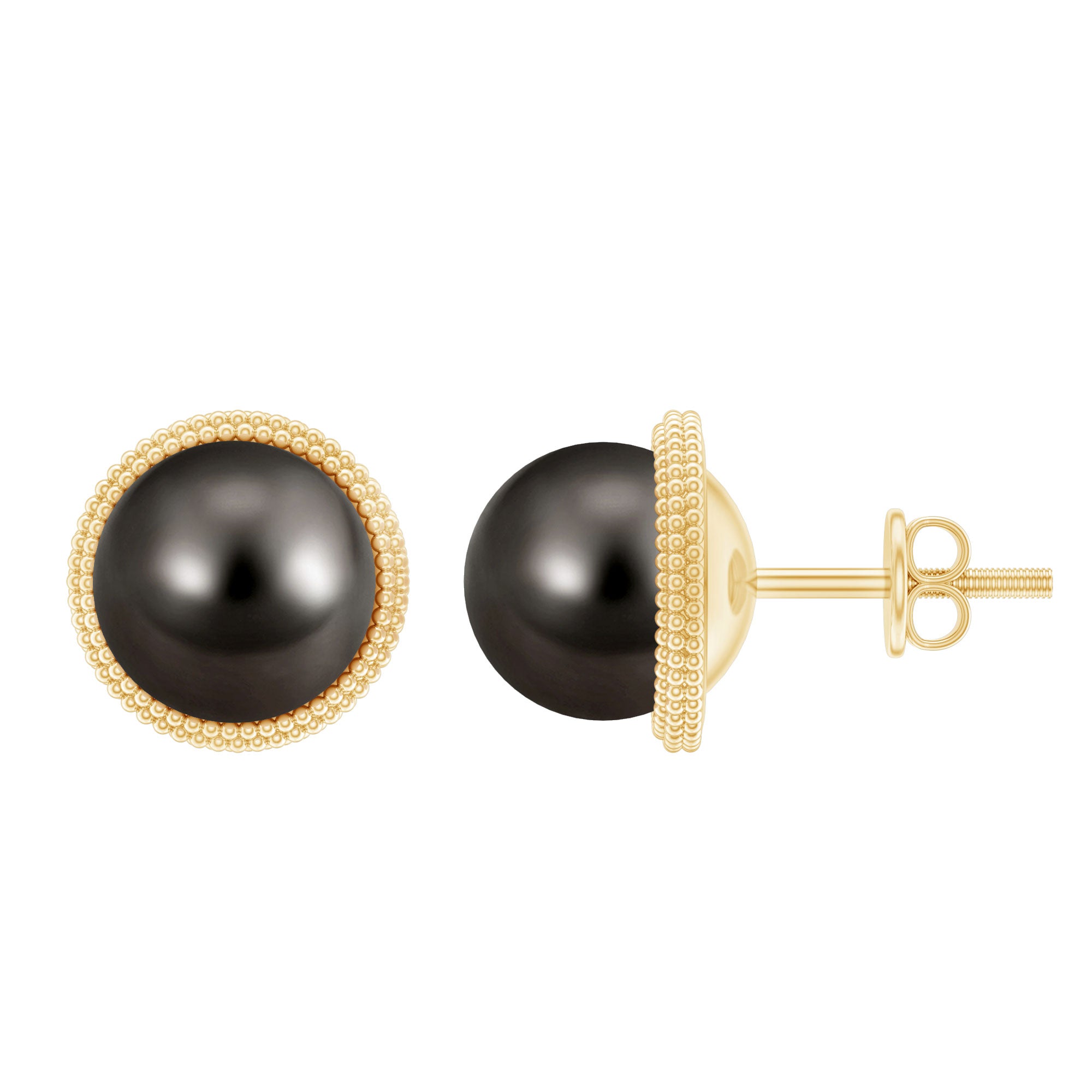8MM Tahitian Black Pearl Solitaire Stud Earrings with Beaded Detail AAA - Rosec Jewels