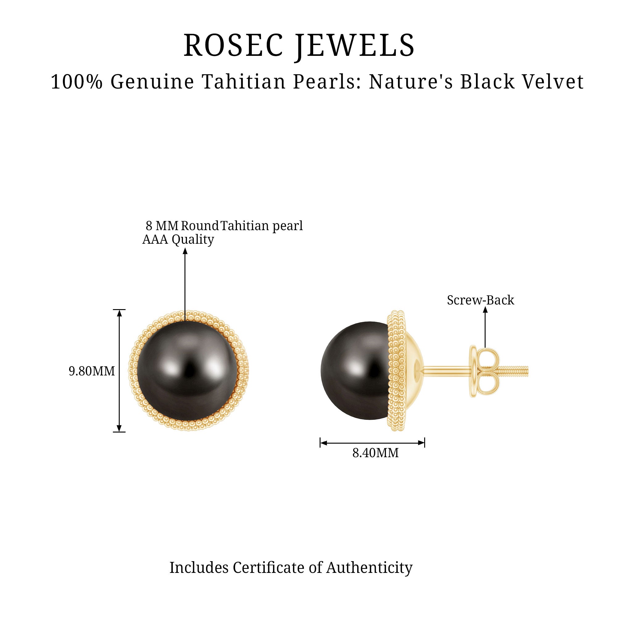 8MM Tahitian Black Pearl Solitaire Stud Earrings with Beaded Detail AAA - Rosec Jewels