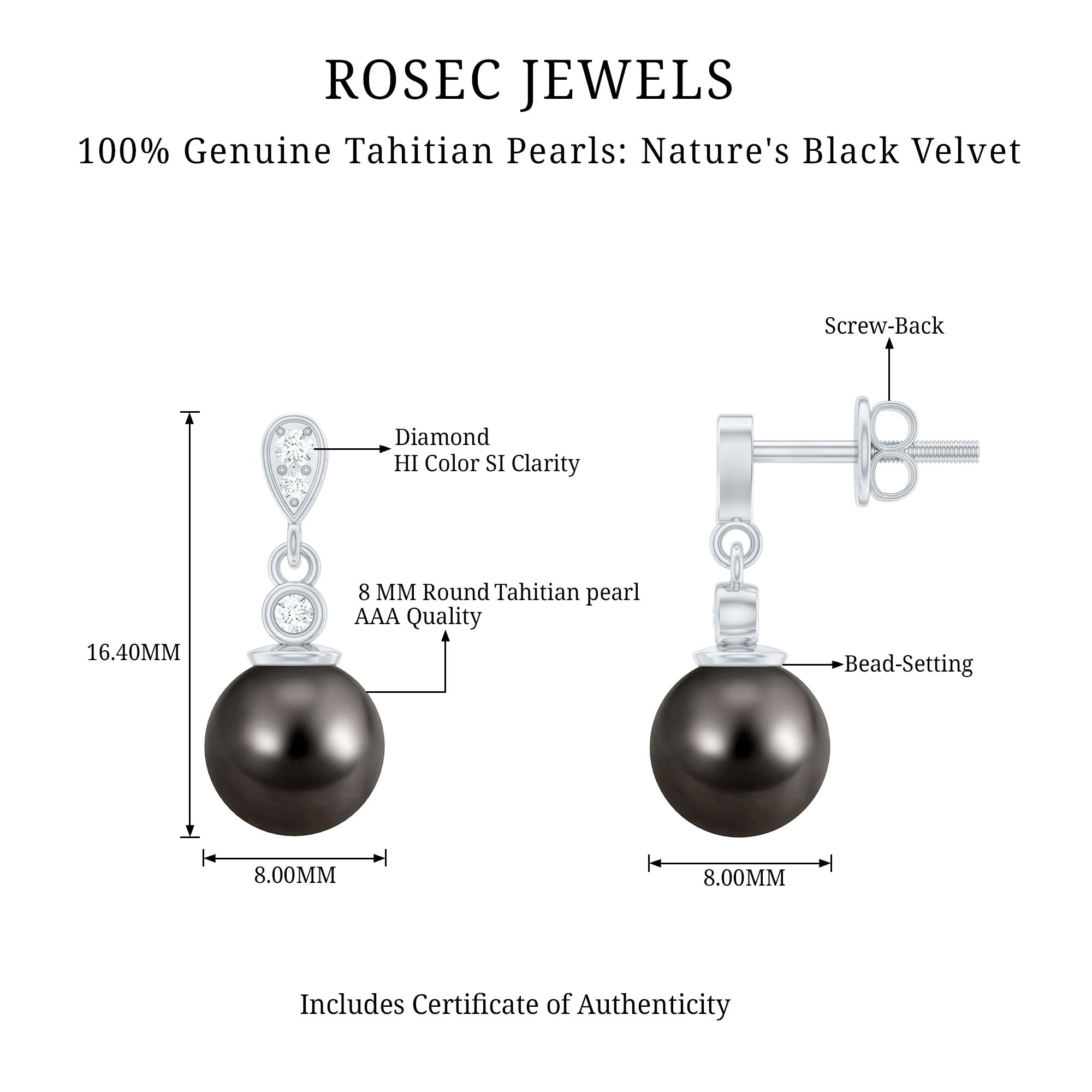 8MM Tahitian Pearl Drop Earrings with Diamond AAA - Rosec Jewels