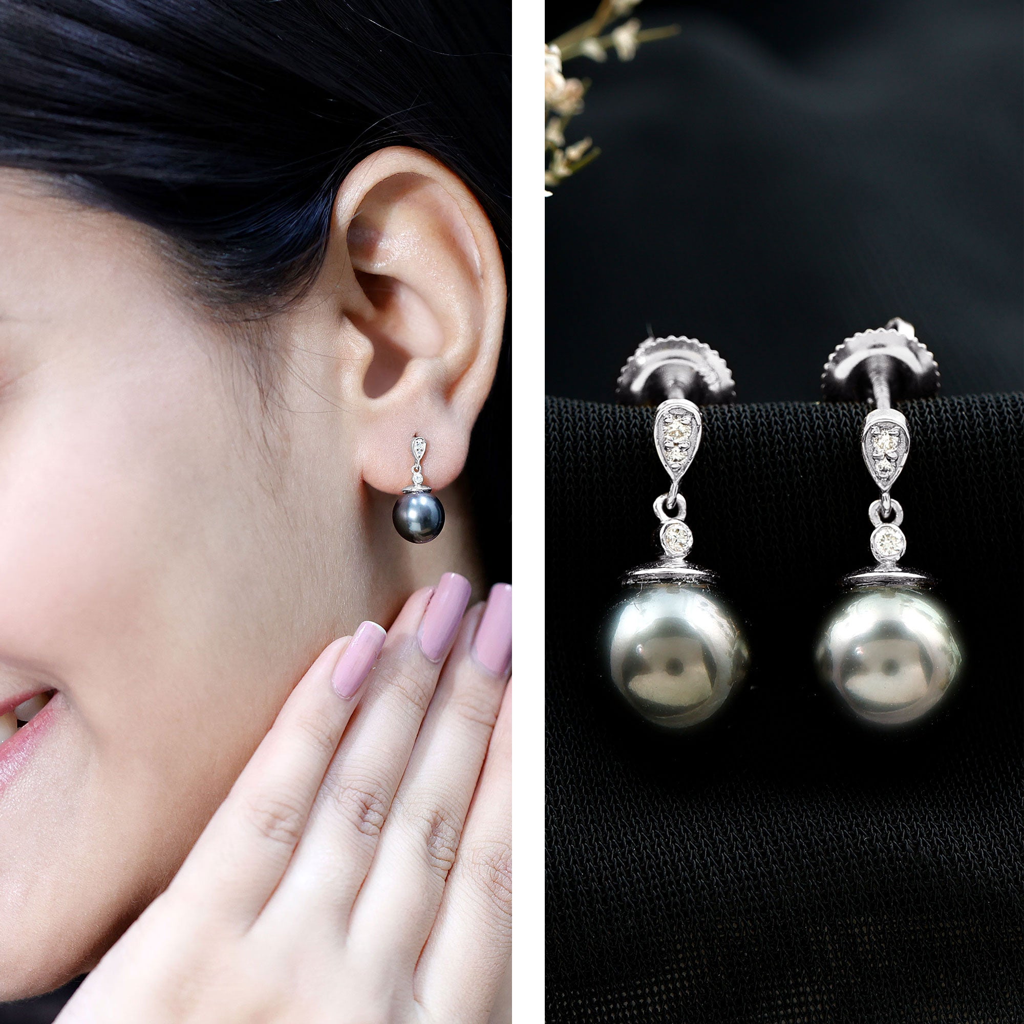 8MM Tahitian Pearl Drop Earrings with Diamond AAA - Rosec Jewels