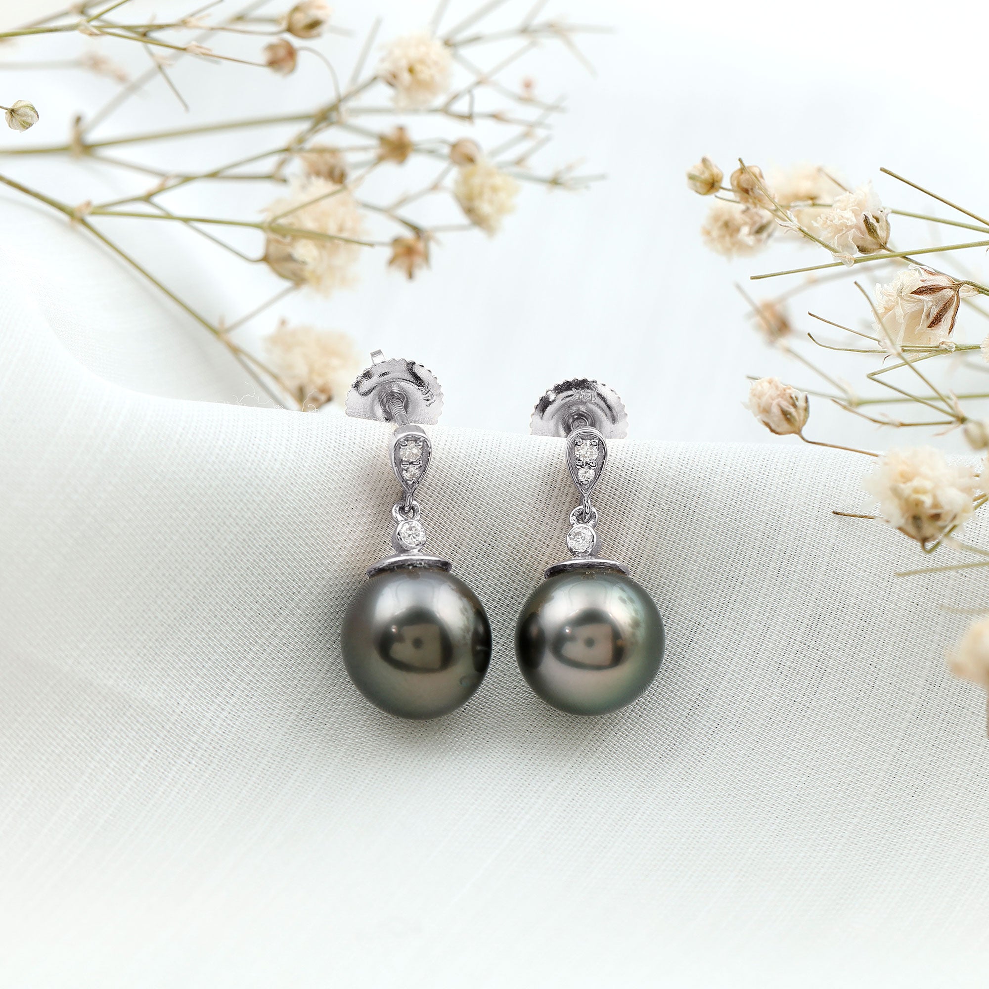 8MM Tahitian Pearl Drop Earrings with Diamond AAA - Rosec Jewels