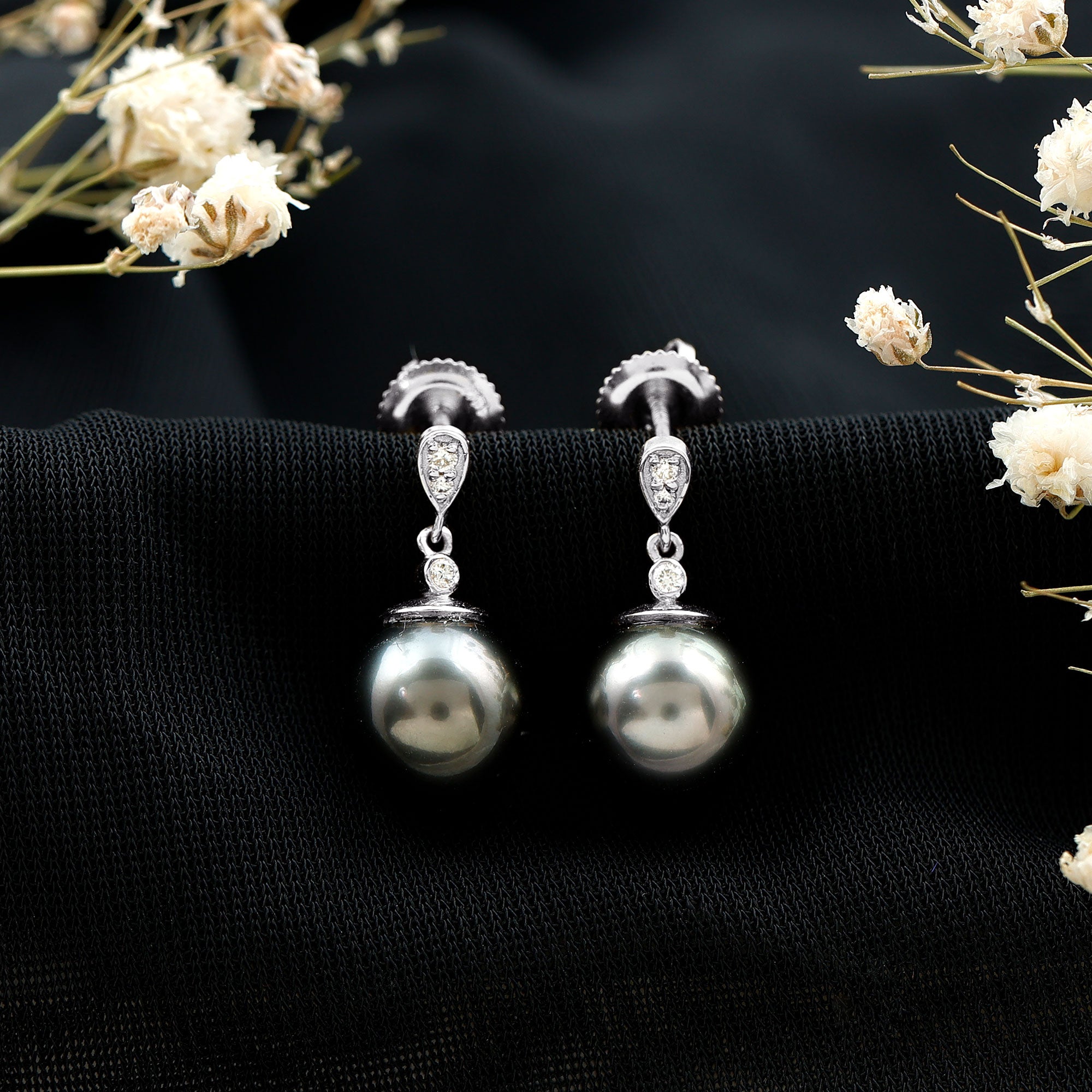 8MM Tahitian Pearl Drop Earrings with Diamond AAA - Rosec Jewels