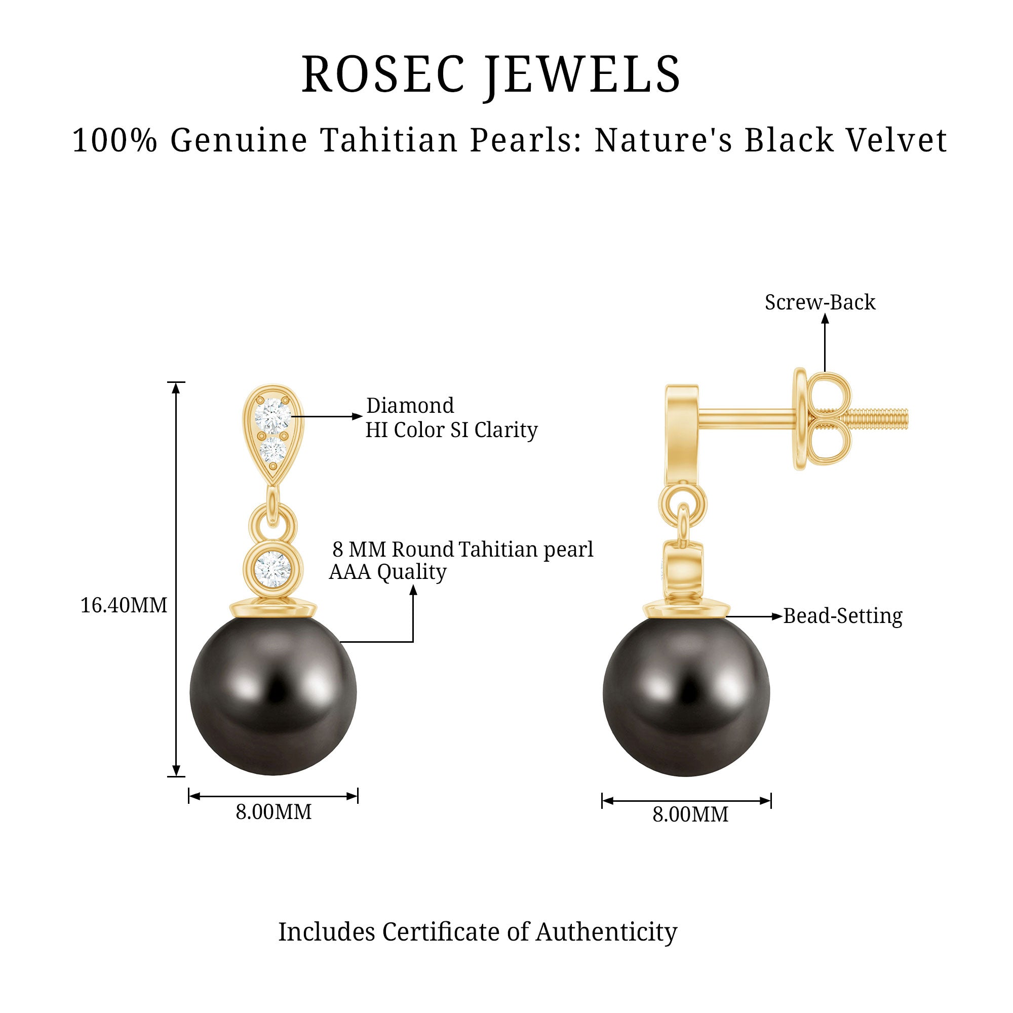 8MM Tahitian Pearl Drop Earrings with Diamond AAA - Rosec Jewels